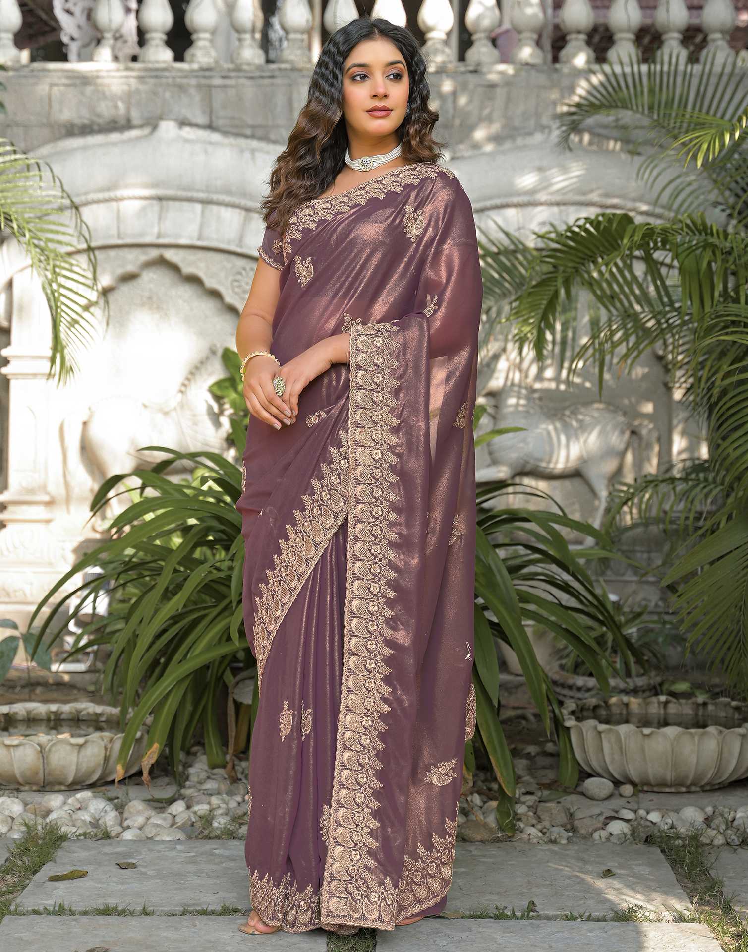 Dusty Mauve Shimmer Georgette Sequence Embroidery saree - Image 5