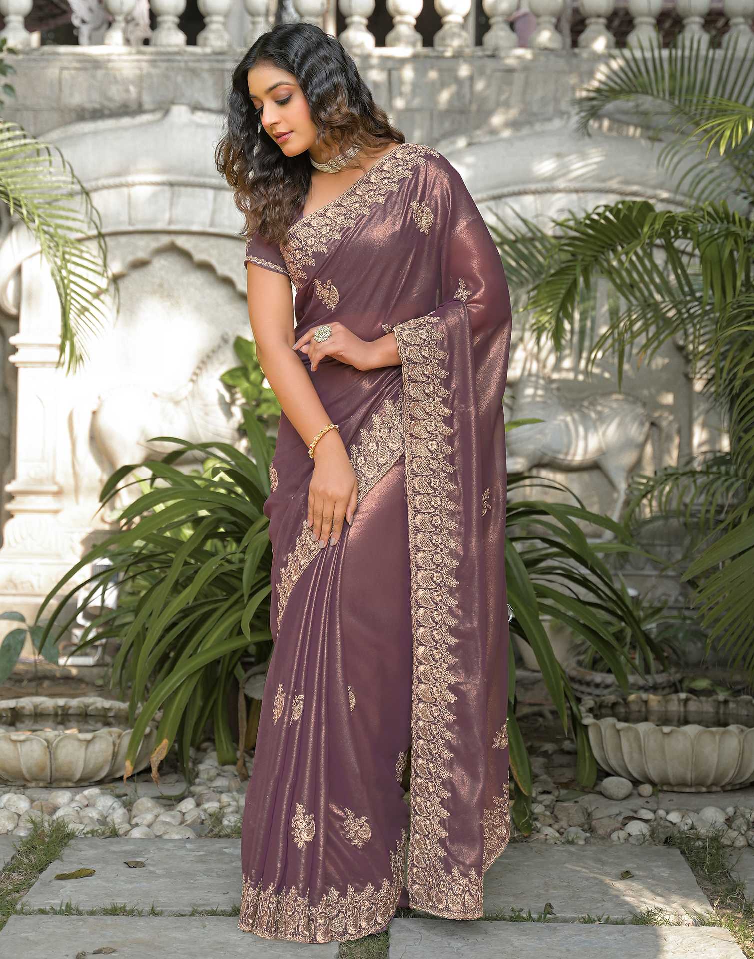 Dusty Mauve Shimmer Georgette Sequence Embroidery saree - Image 8