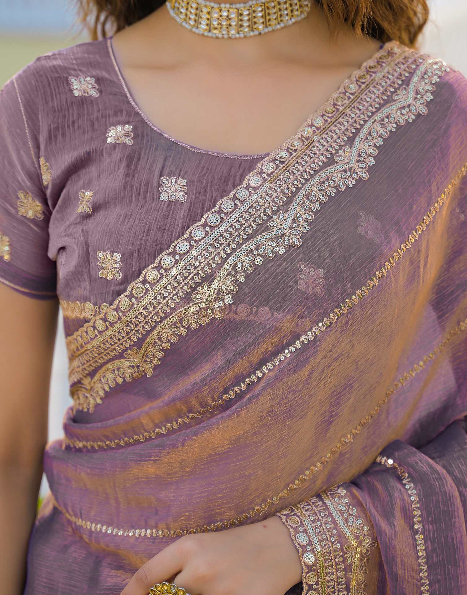 Dusty Mauve Shimmer Sequence Embroidery Saree - Image 10
