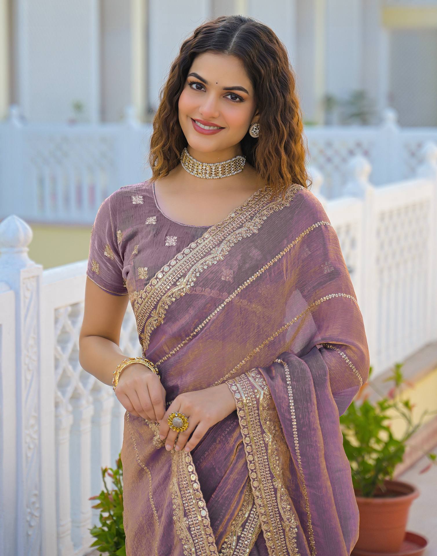 Dusty Mauve Shimmer Sequence Embroidery Saree - Image 4