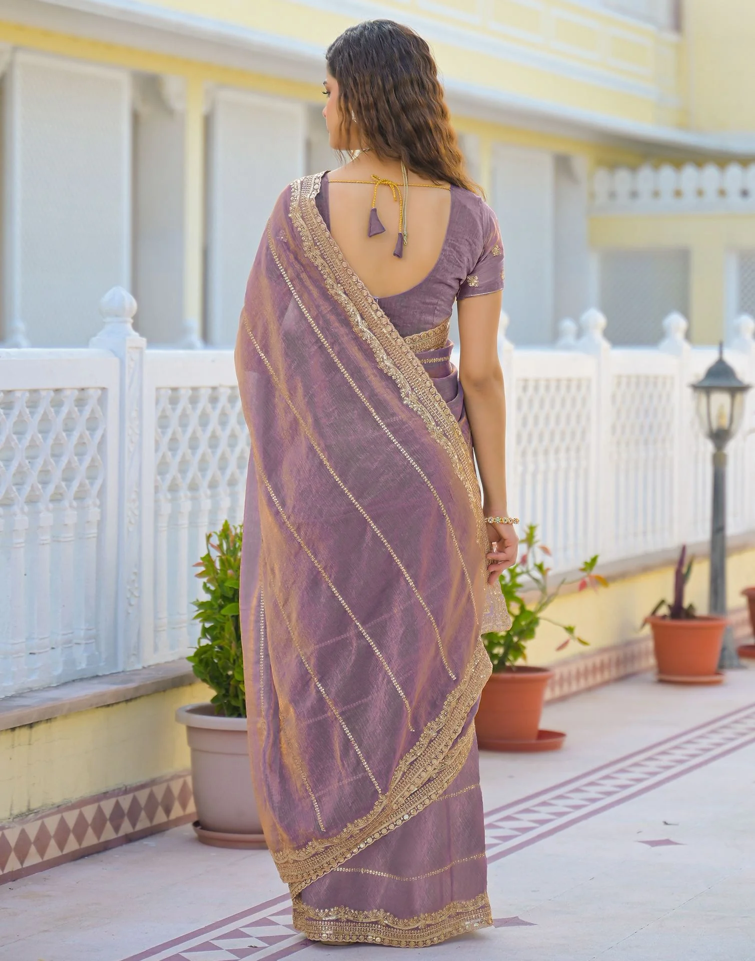 Dusty Mauve Shimmer Sequence Embroidery Saree - Image 7
