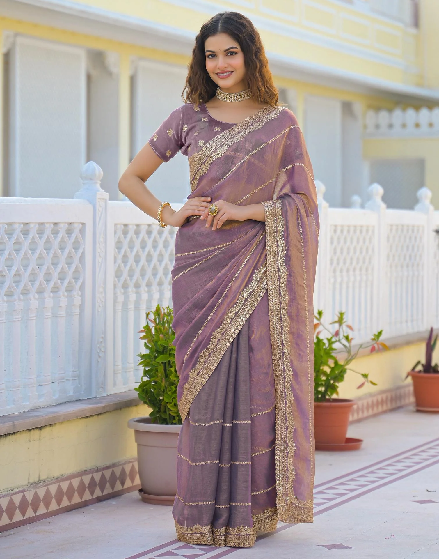 Dusty Mauve Shimmer Sequence Embroidery Saree - Image 8