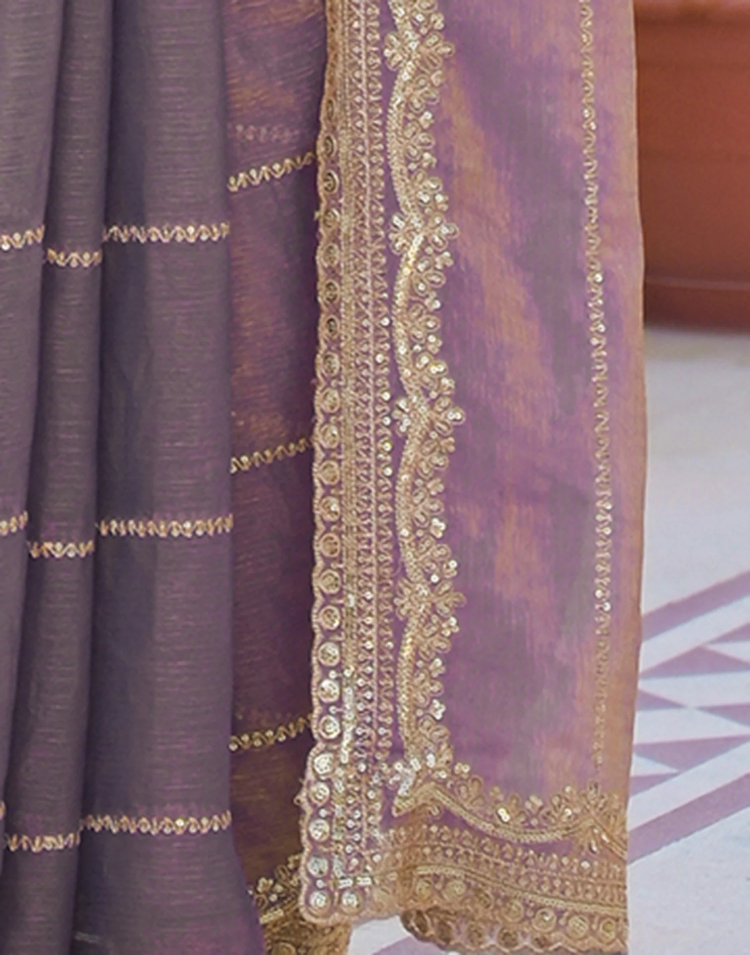 Dusty Mauve Shimmer Sequence Embroidery Saree - Image 9