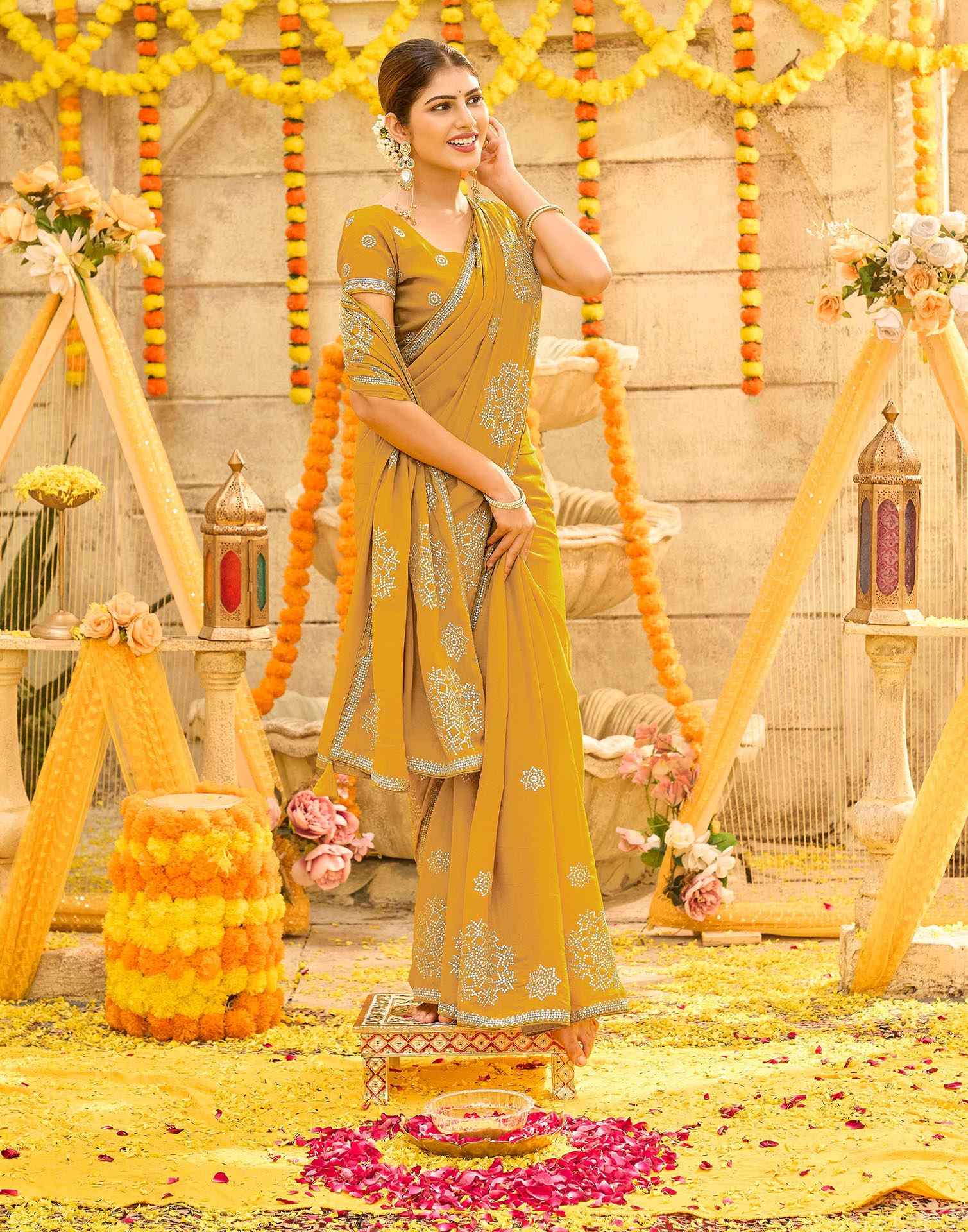 Yellow Shimmer Sequence Embroidery Saree - Image 5