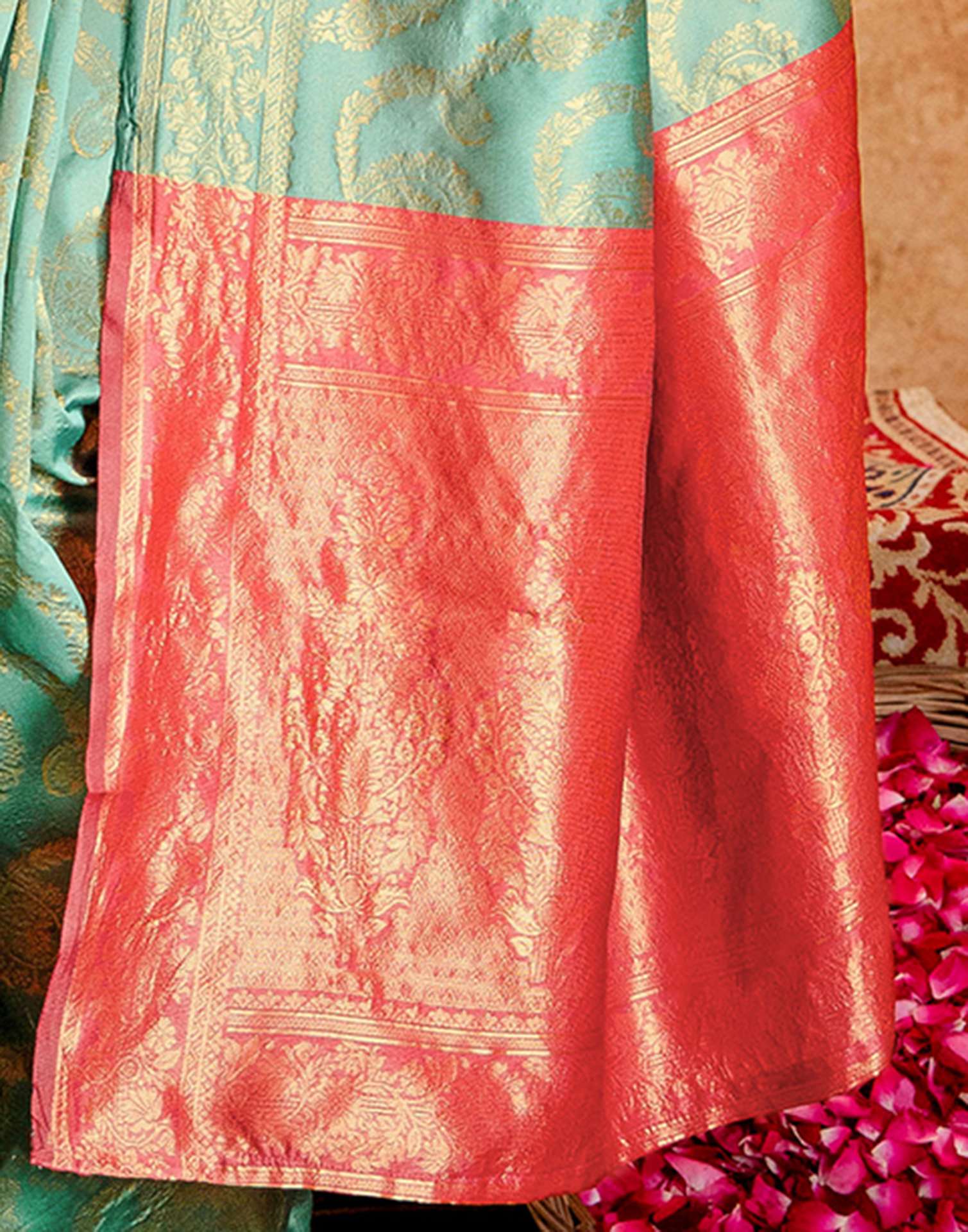 Dusty Mint Blue Silk Woven Banarasi Saree - Image 13