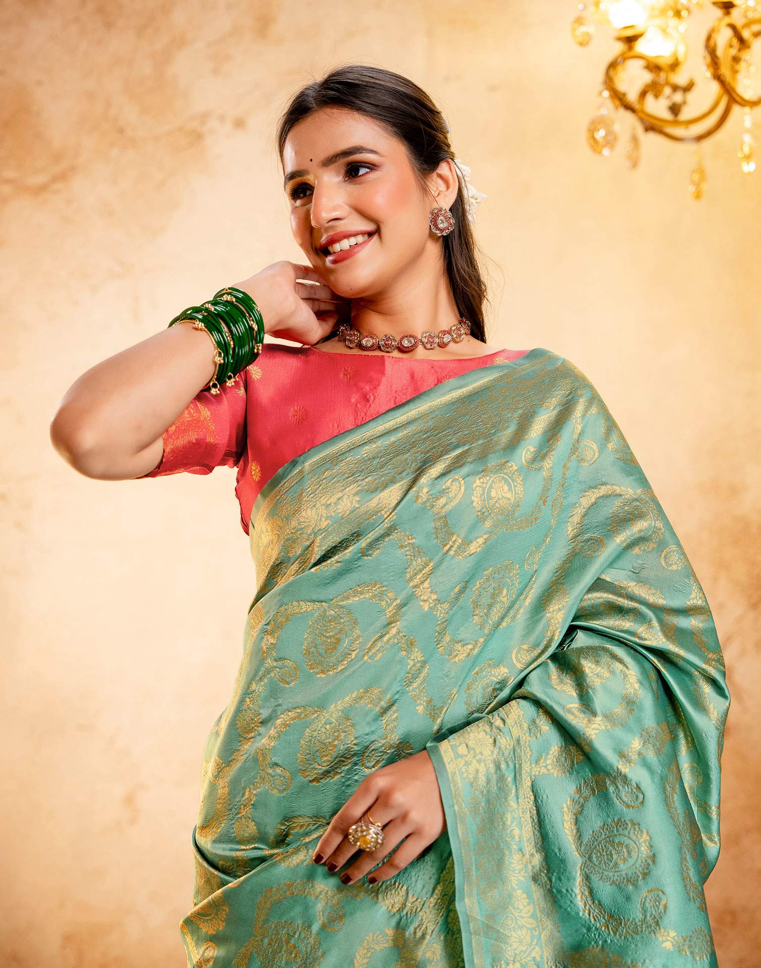 Dusty Mint Blue Silk Woven Banarasi Saree - Image 2