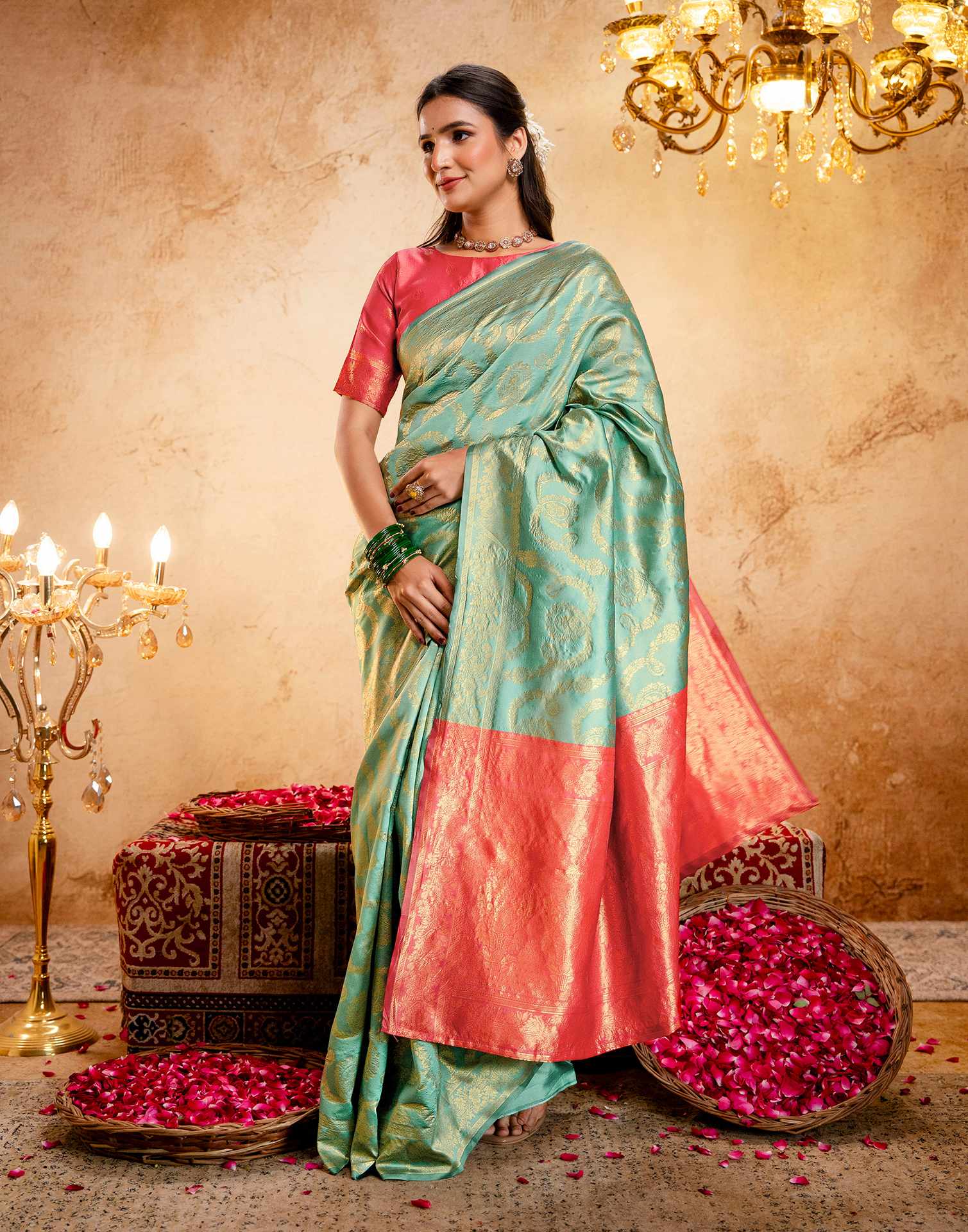 Dusty Mint Blue Silk Woven Banarasi Saree - Image 4