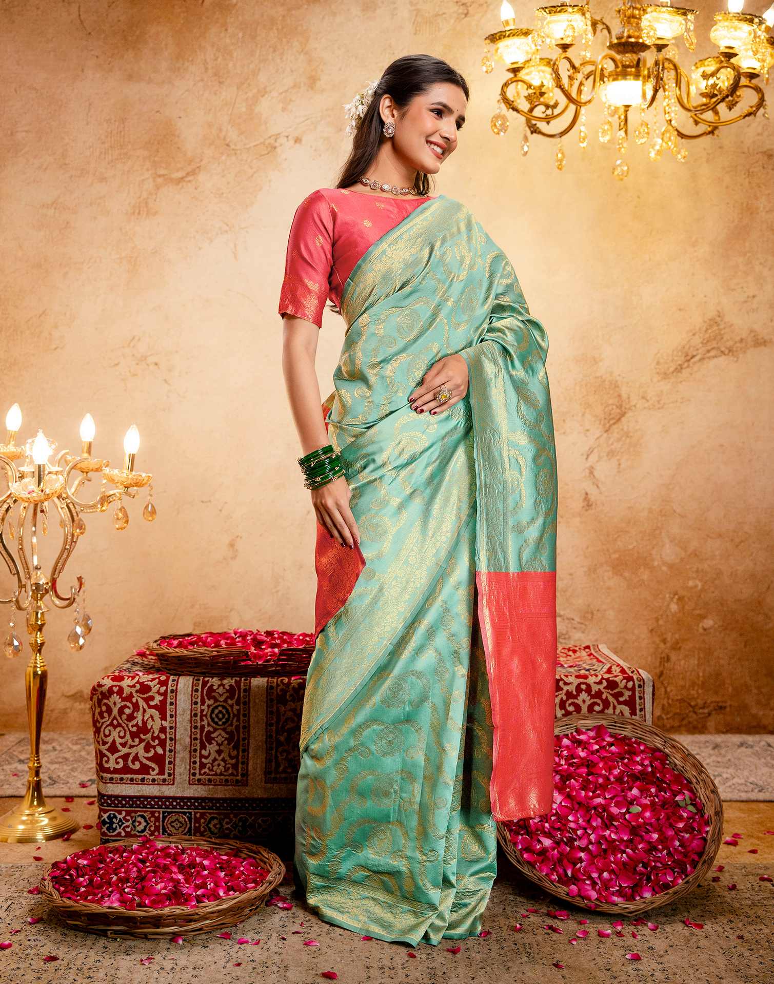 Dusty Mint Blue Silk Woven Banarasi Saree - Image 6