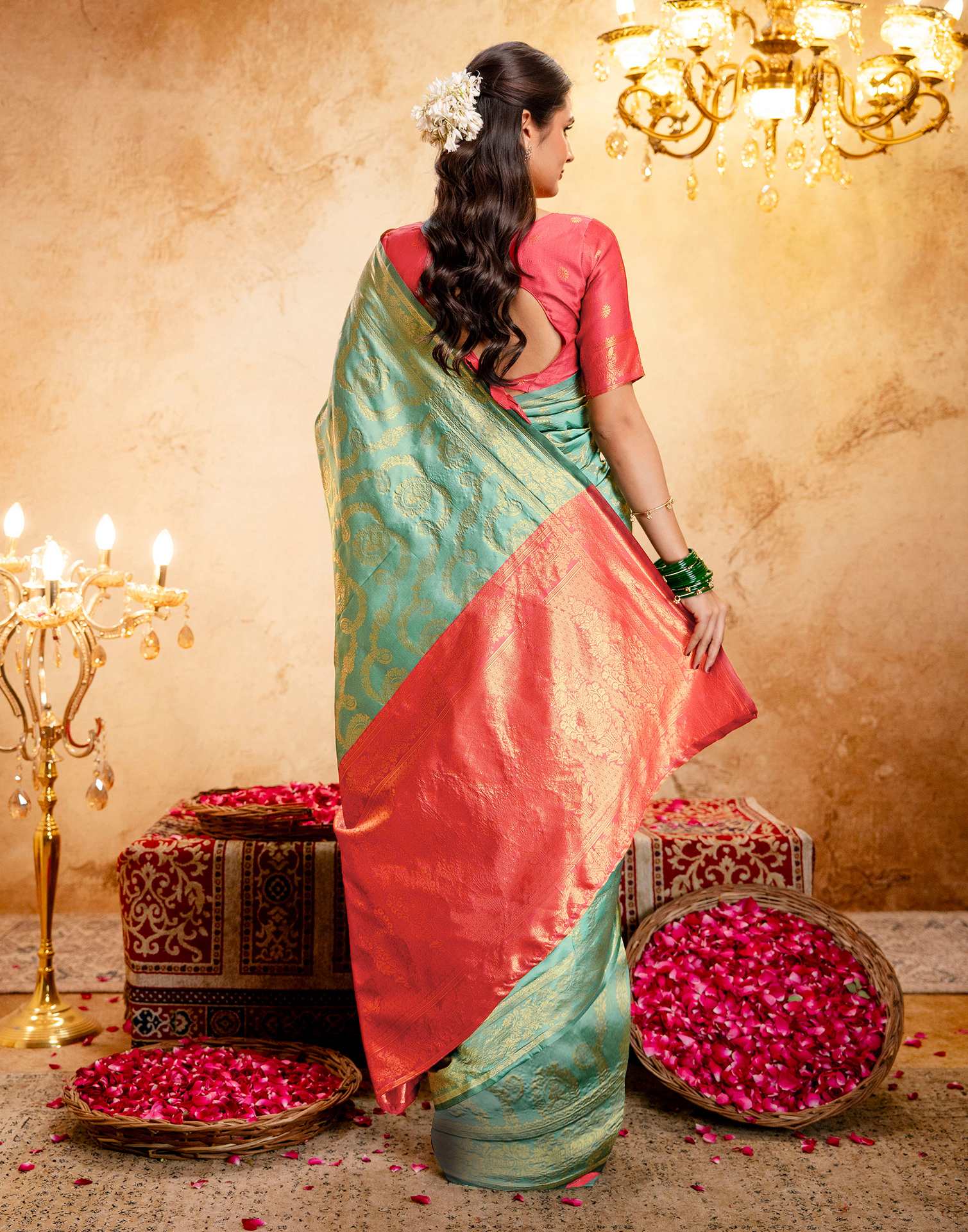 Dusty Mint Blue Silk Woven Banarasi Saree - Image 8