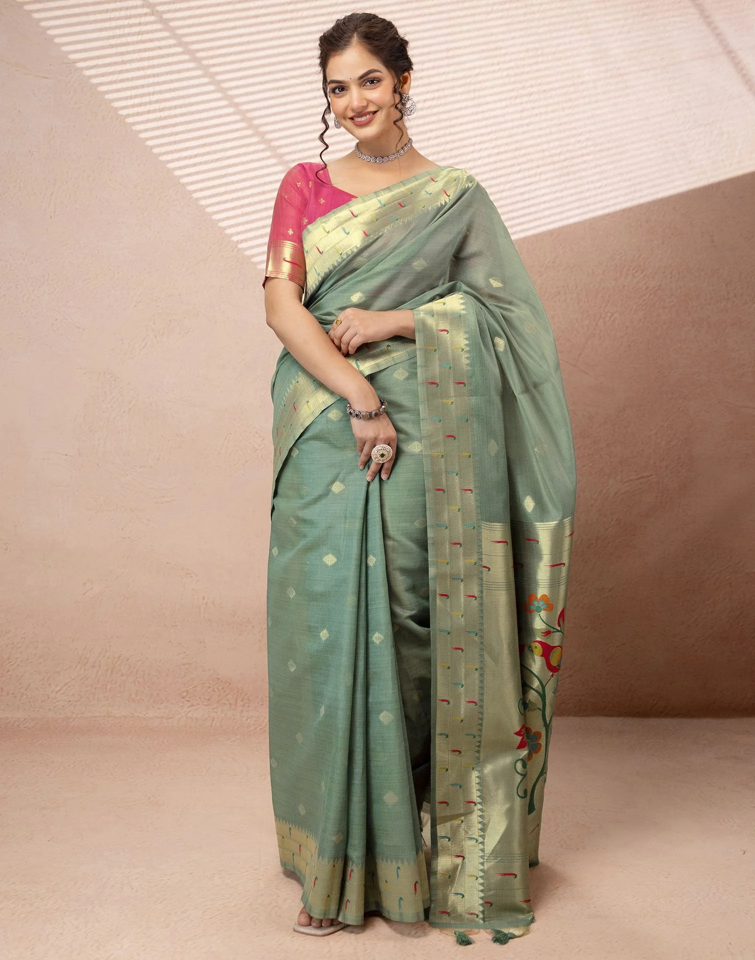 Dusty Mint Green Chanderi Cotton Woven Paithani Saree