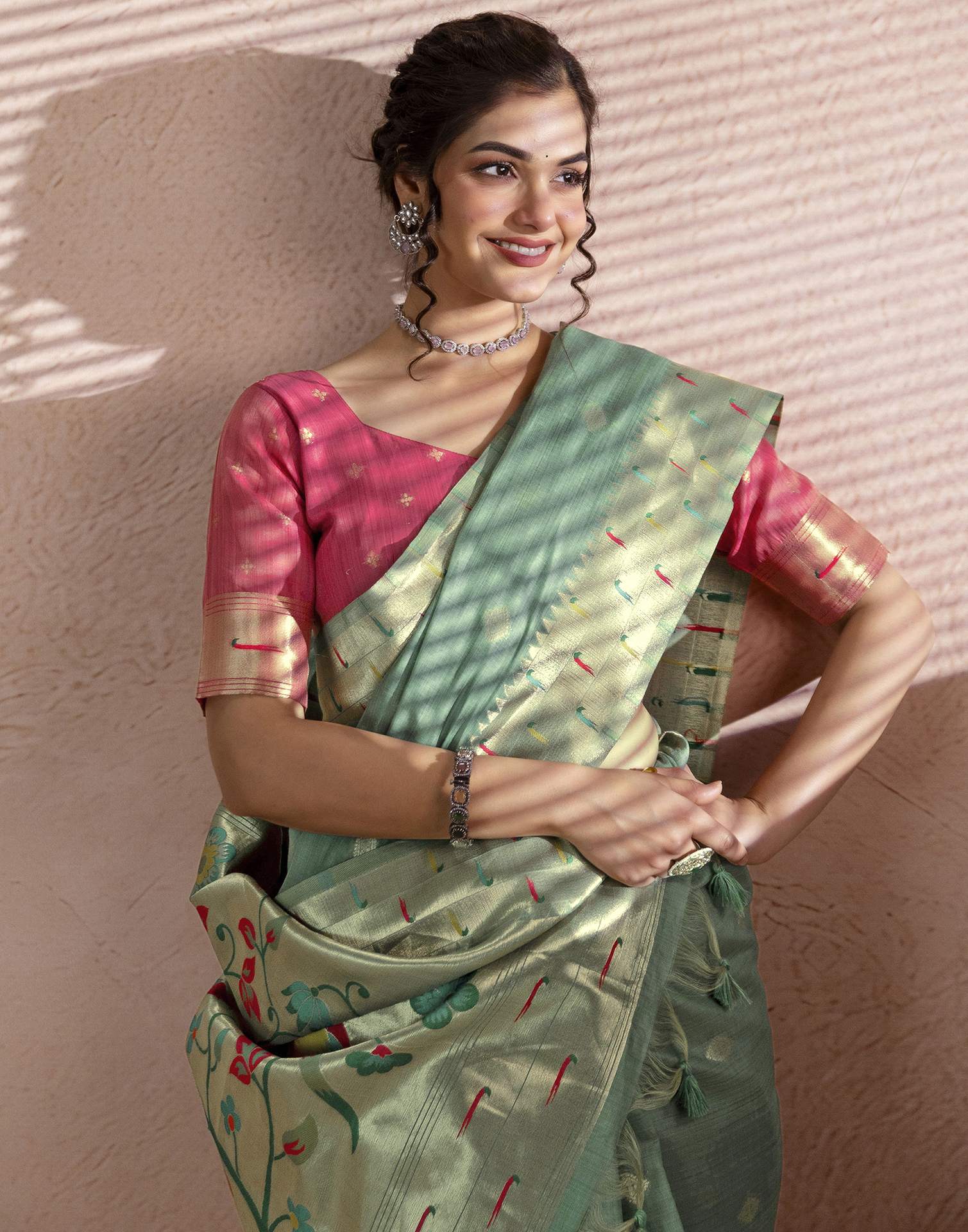 Dusty Mint Green Chanderi Cotton Woven Paithani Saree - Image 10