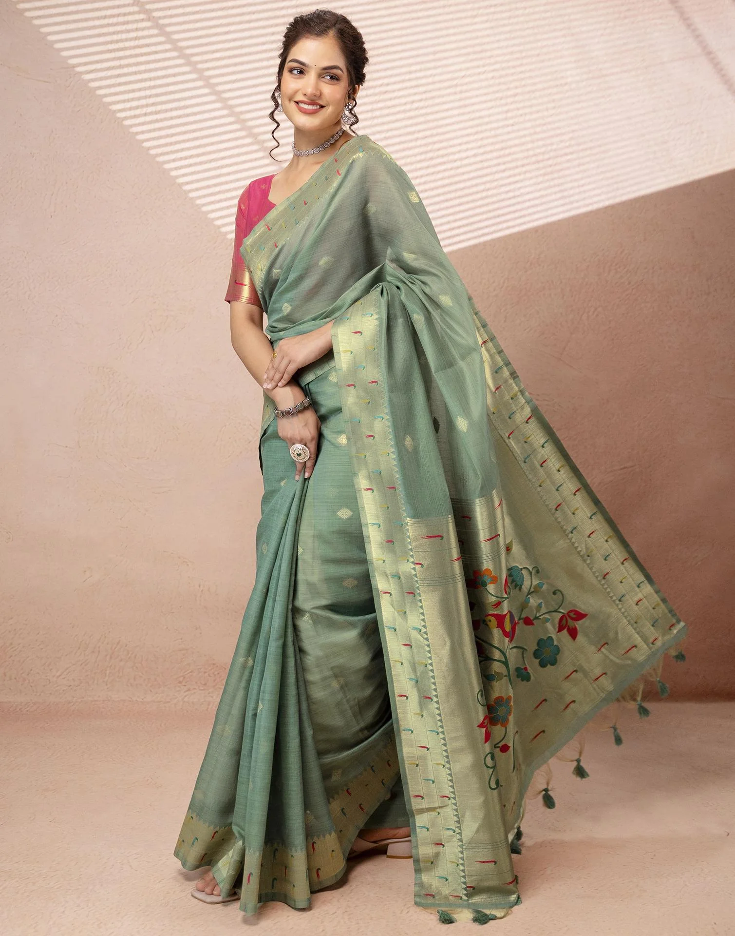 Dusty Mint Green Chanderi Cotton Woven Paithani Saree - Image 11