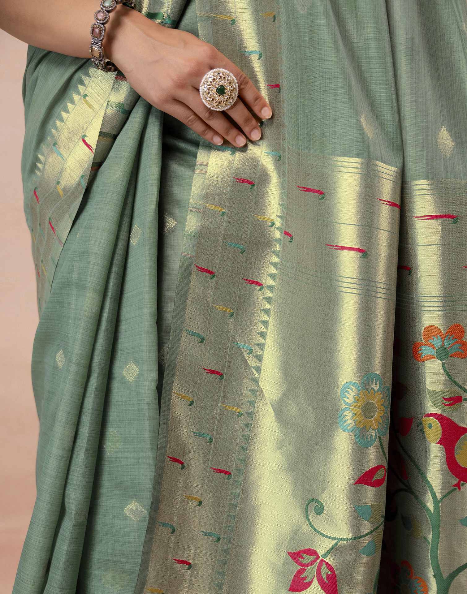 Dusty Mint Green Chanderi Cotton Woven Paithani Saree - Image 12