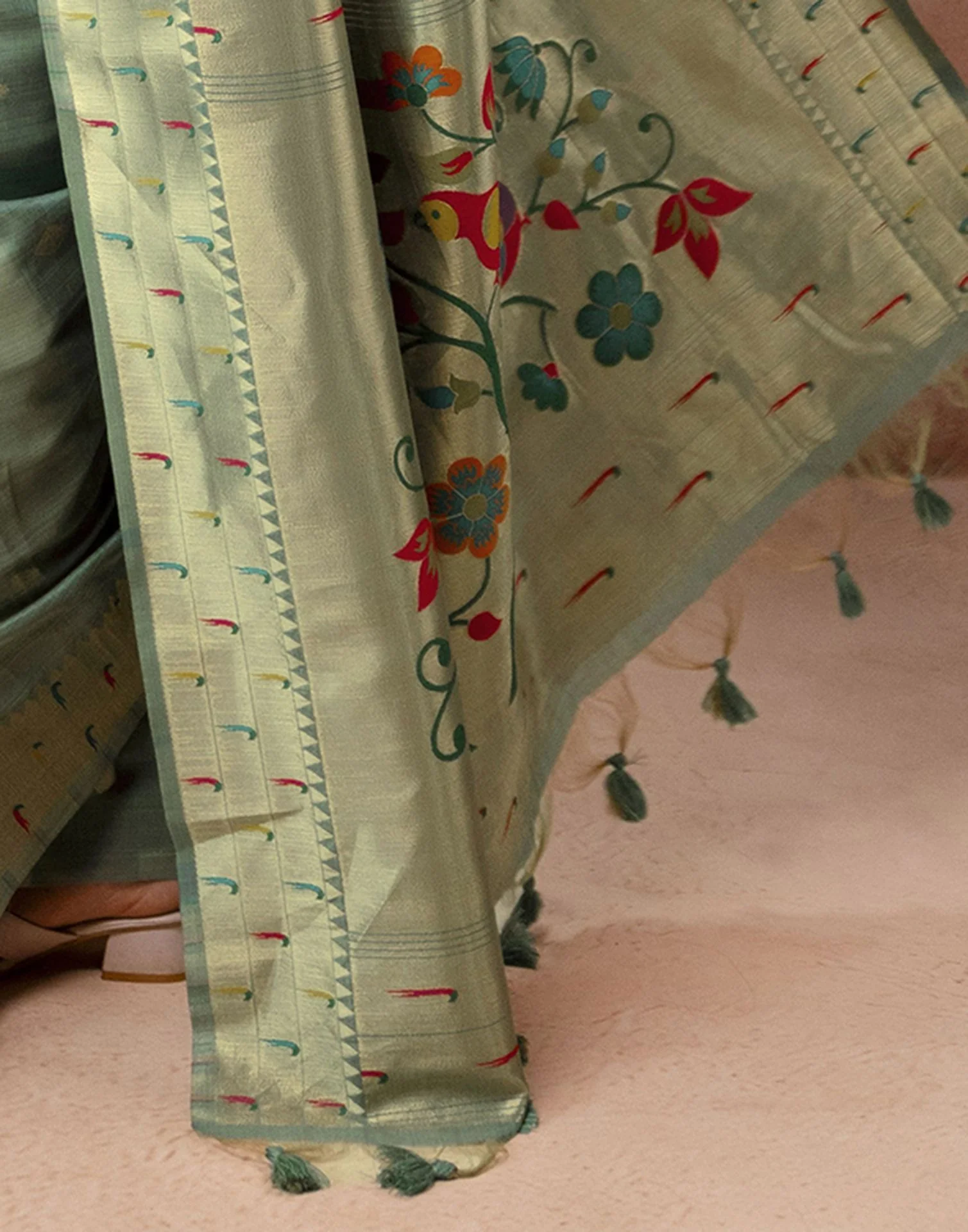 Dusty Mint Green Chanderi Cotton Woven Paithani Saree - Image 13