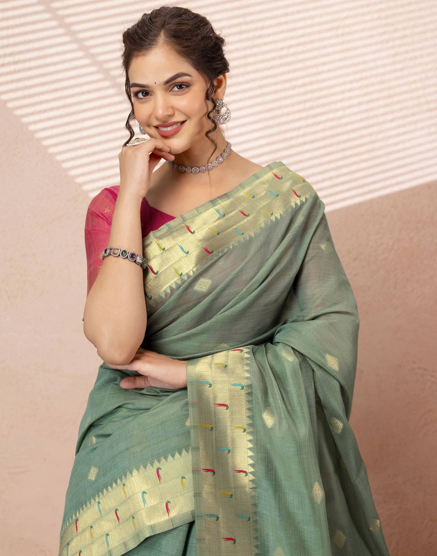 Dusty Mint Green Chanderi Cotton Woven Paithani Saree - Image 2