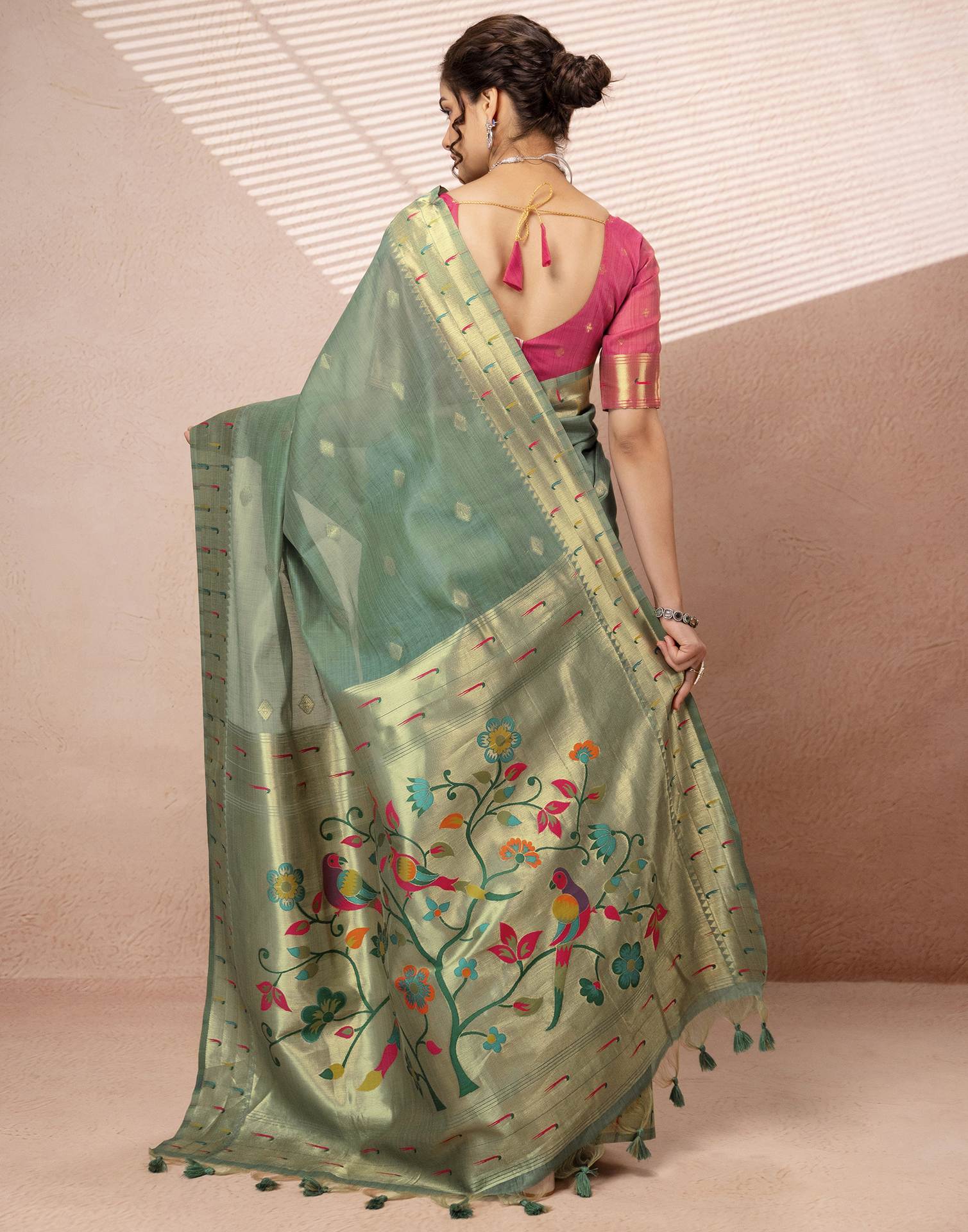 Dusty Mint Green Chanderi Cotton Woven Paithani Saree - Image 4