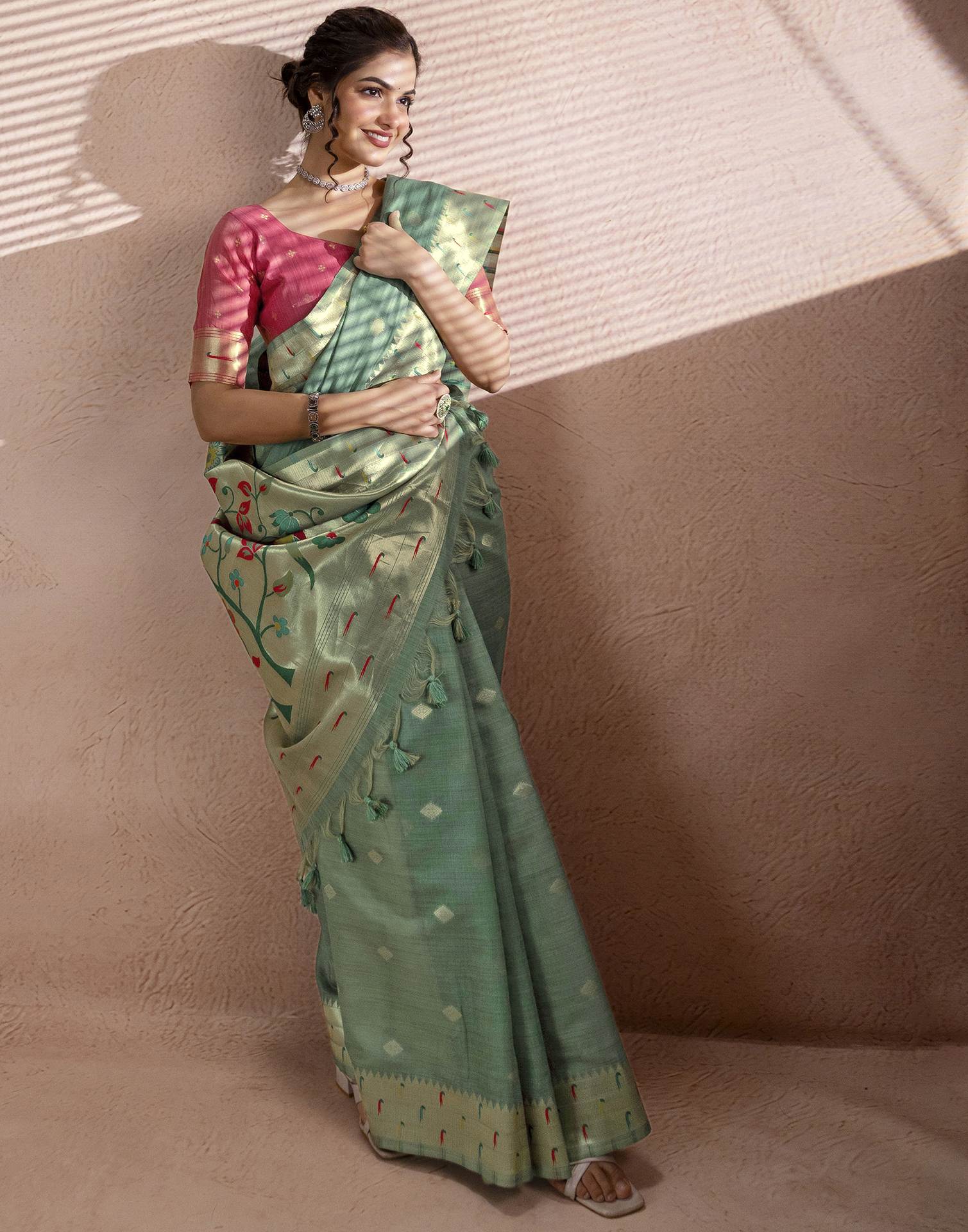 Dusty Mint Green Chanderi Cotton Woven Paithani Saree - Image 6