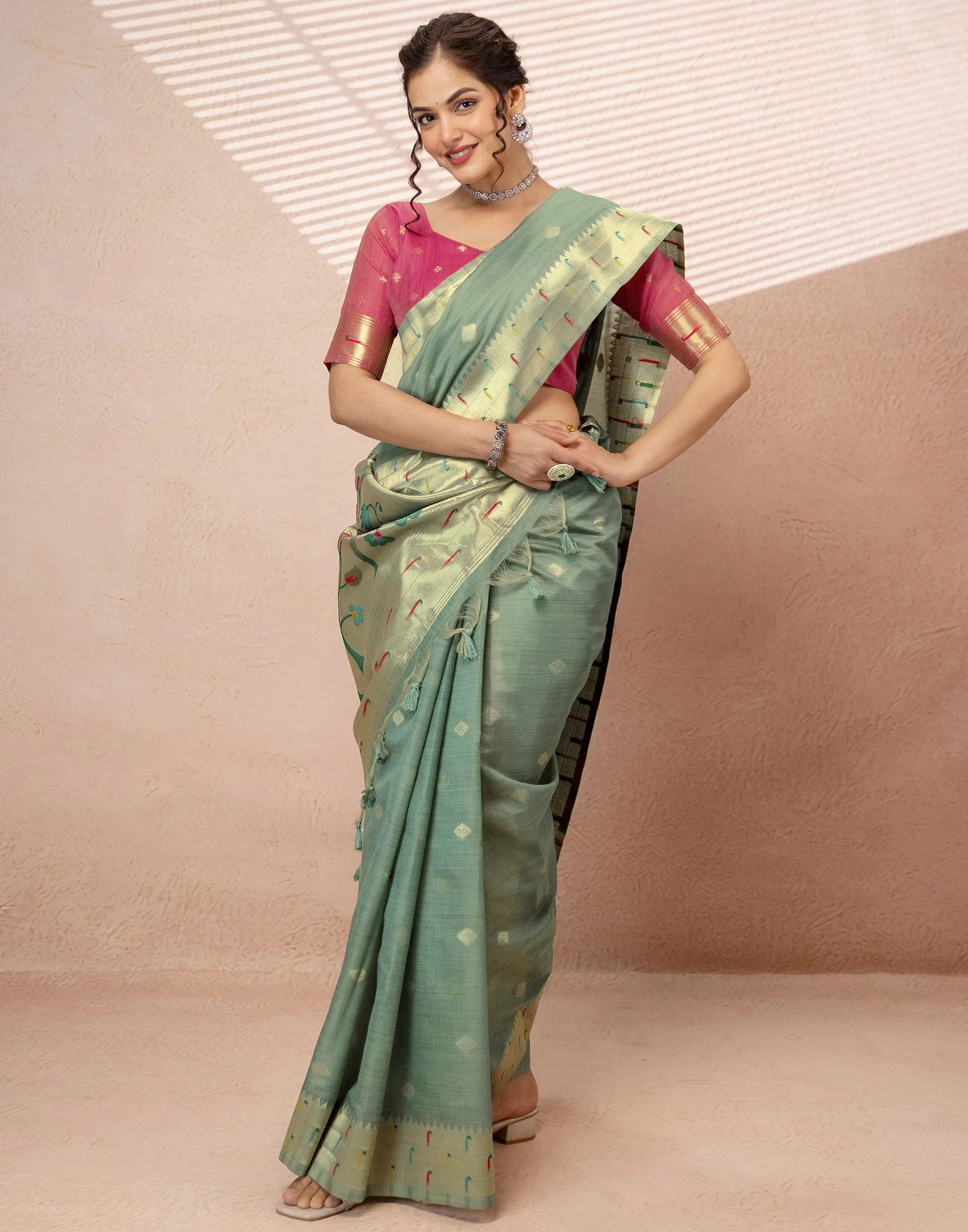 Dusty Mint Green Chanderi Cotton Woven Paithani Saree - Image 7