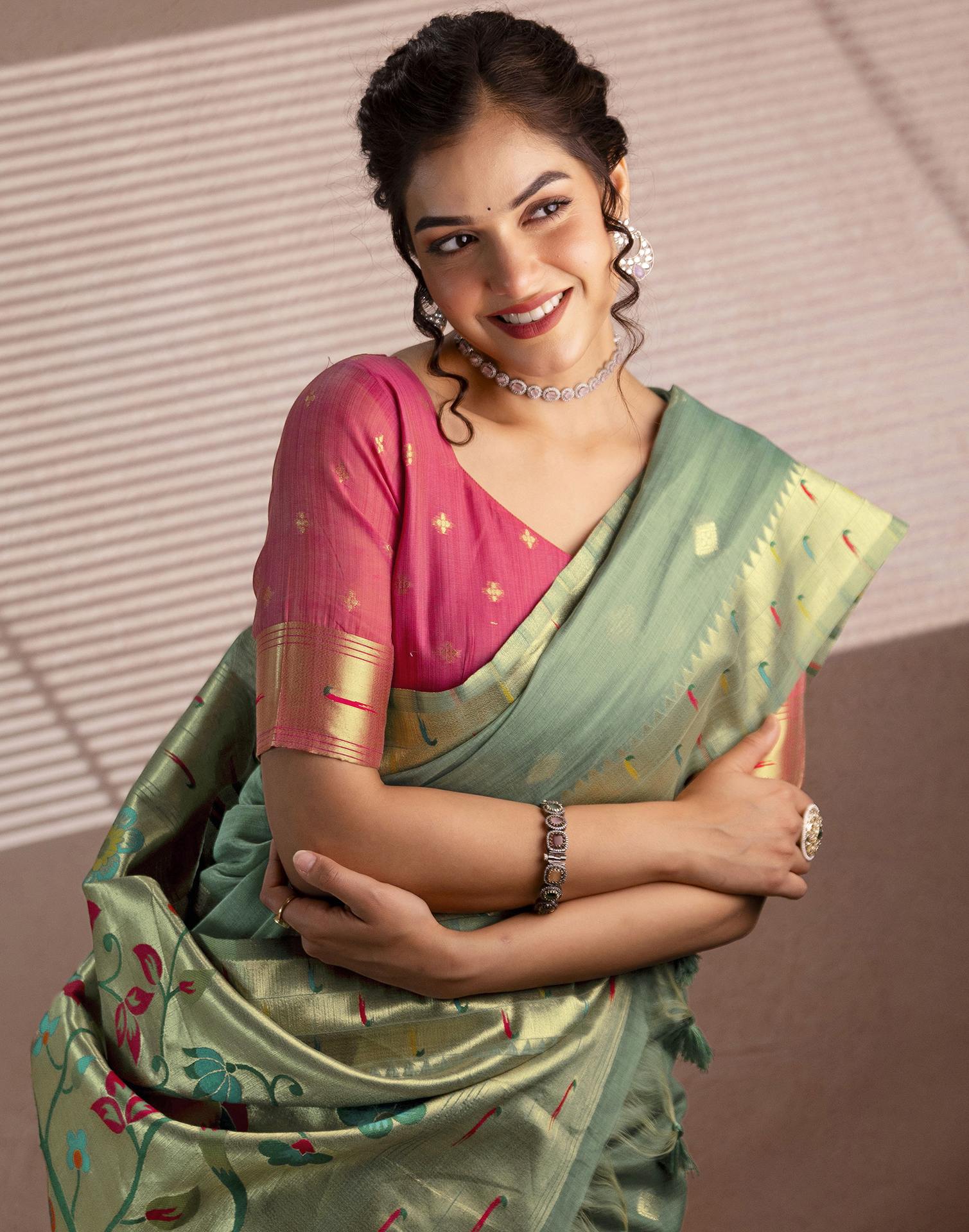 Dusty Mint Green Chanderi Cotton Woven Paithani Saree - Image 9