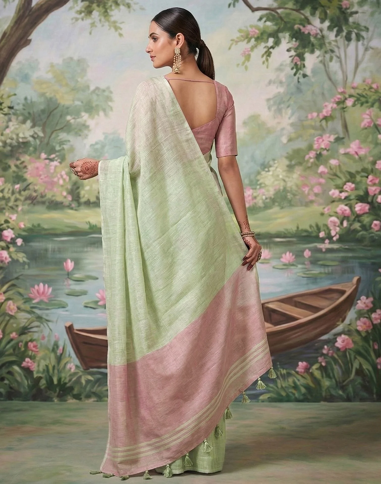 Dusty Mint Green Cotton Silk Tassels Woven Saree - Image 5