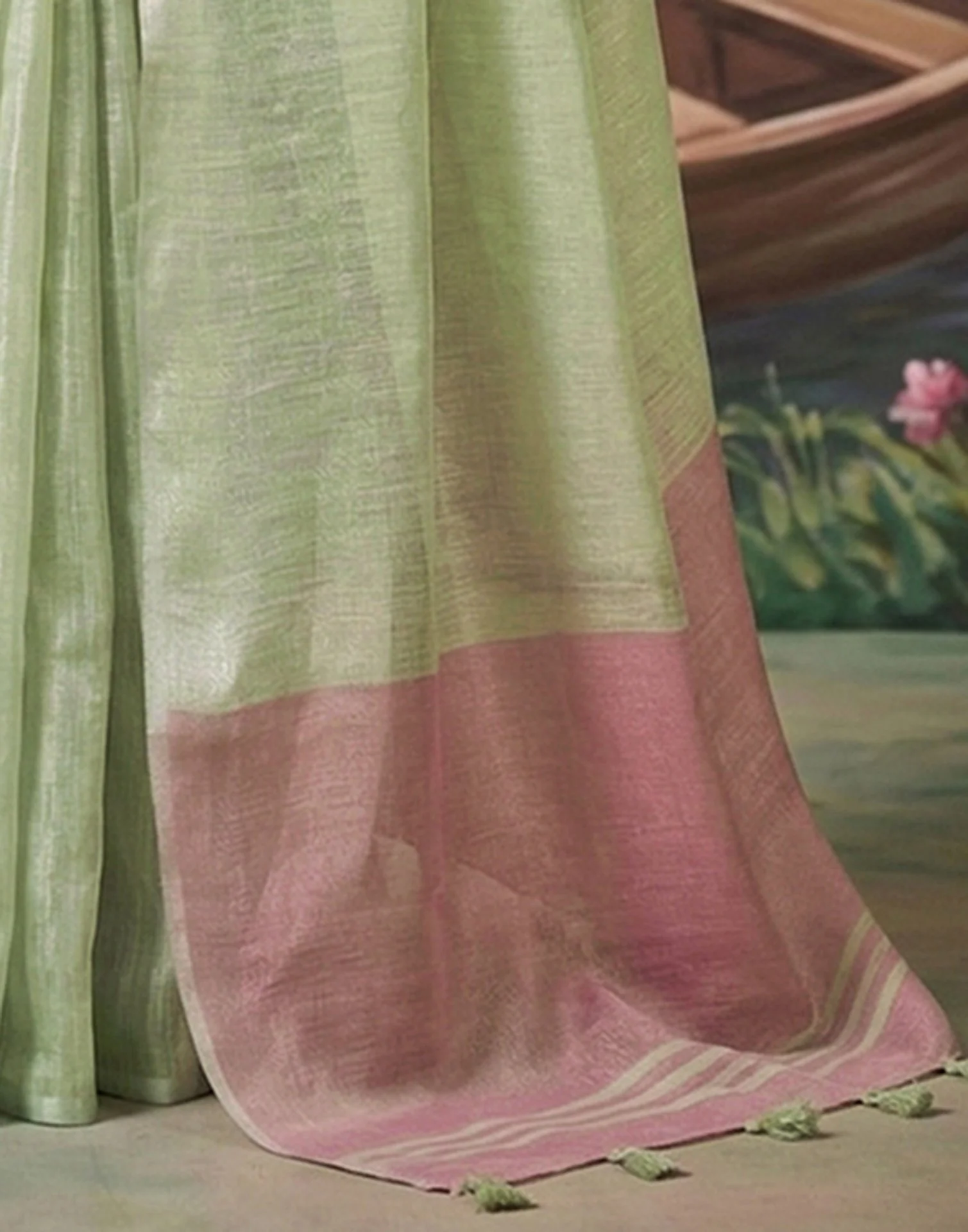 Dusty Mint Green Cotton Silk Tassels Woven Saree - Image 6