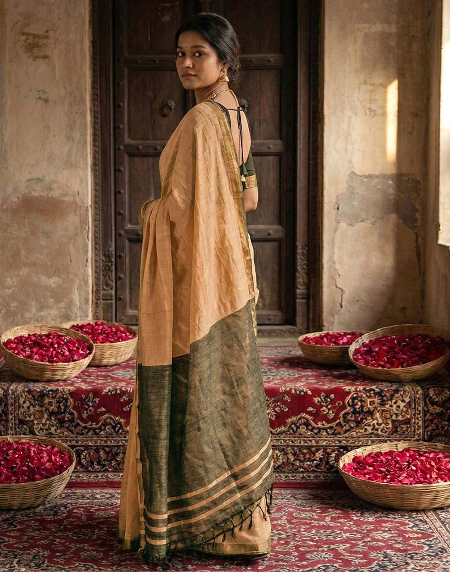 Dusty Mustard Beige Chanderi Cotton Zari Border Woven Saree - Image 5