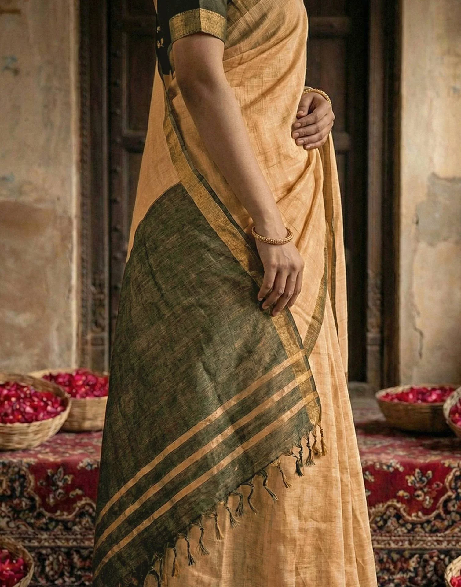 Dusty Mustard Beige Chanderi Cotton Zari Border Woven Saree - Image 6