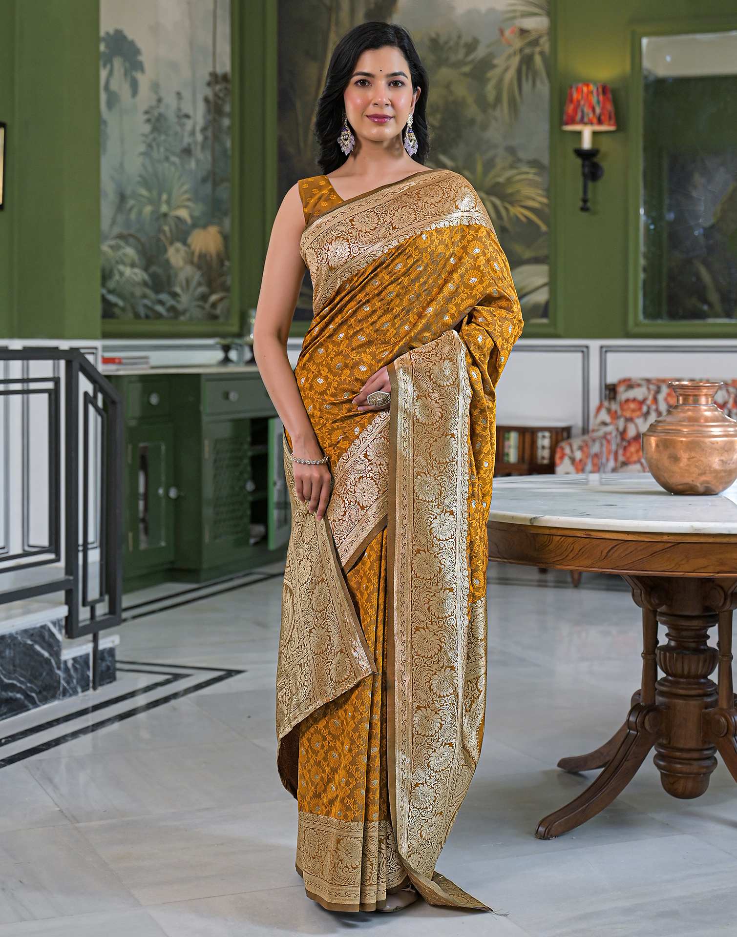 Dusty Mustard Silk Woven Banarasi Saree - Image 6