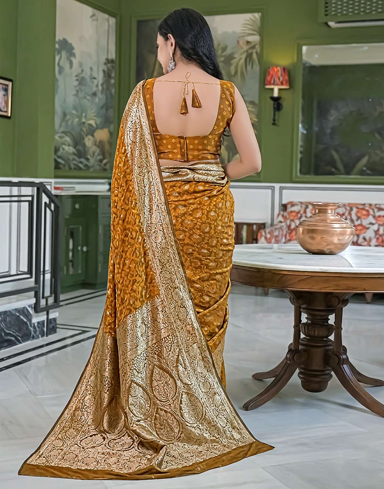 Dusty Mustard Silk Woven Banarasi Saree - Image 7