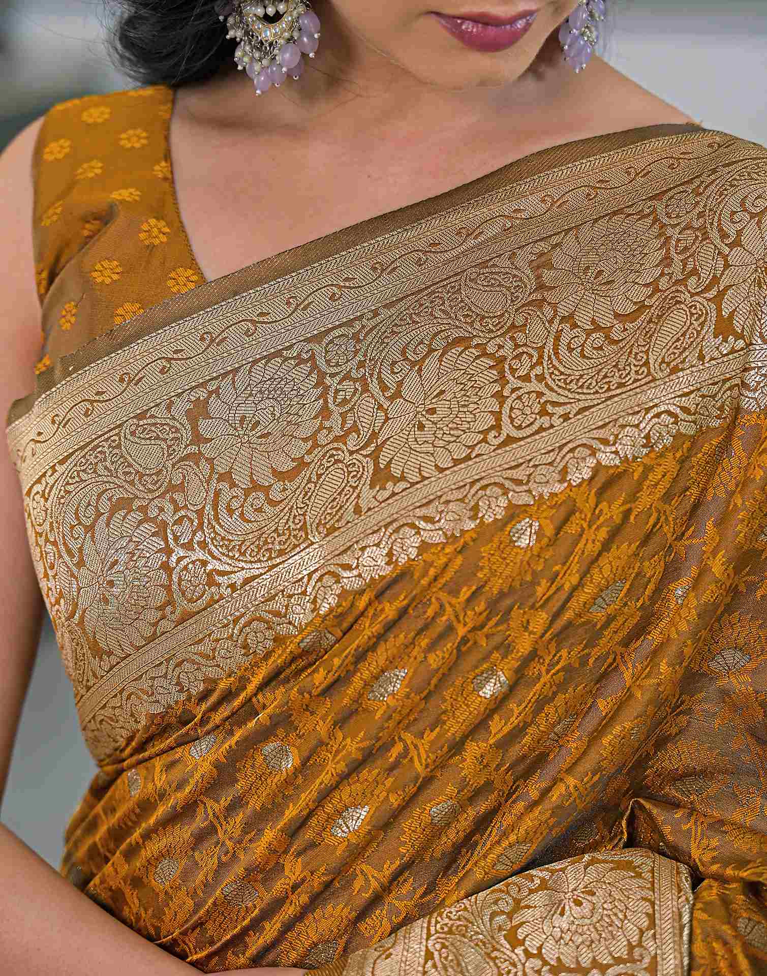Dusty Mustard Silk Woven Banarasi Saree - Image 8