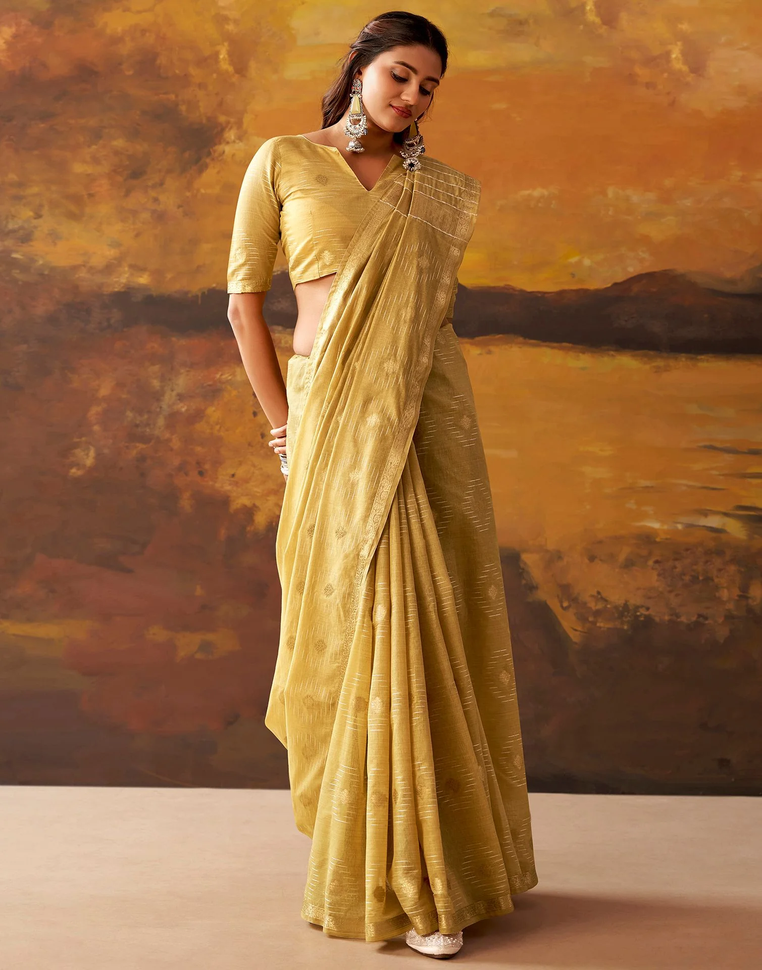 Dusty Mustard Yellow Cotton Chanderi Woven Saree - Image 5