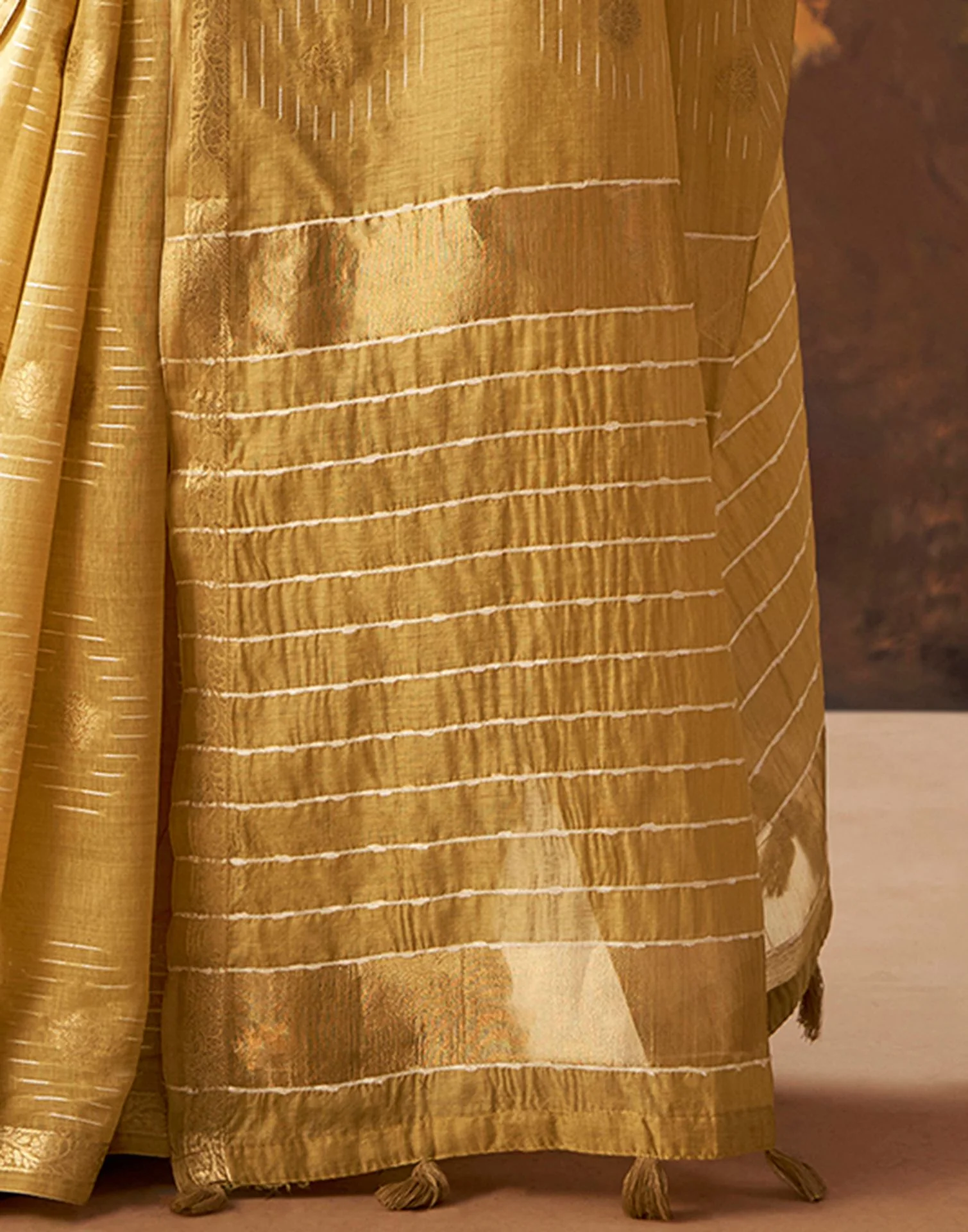Dusty Mustard Yellow Cotton Chanderi Woven Saree - Image 7