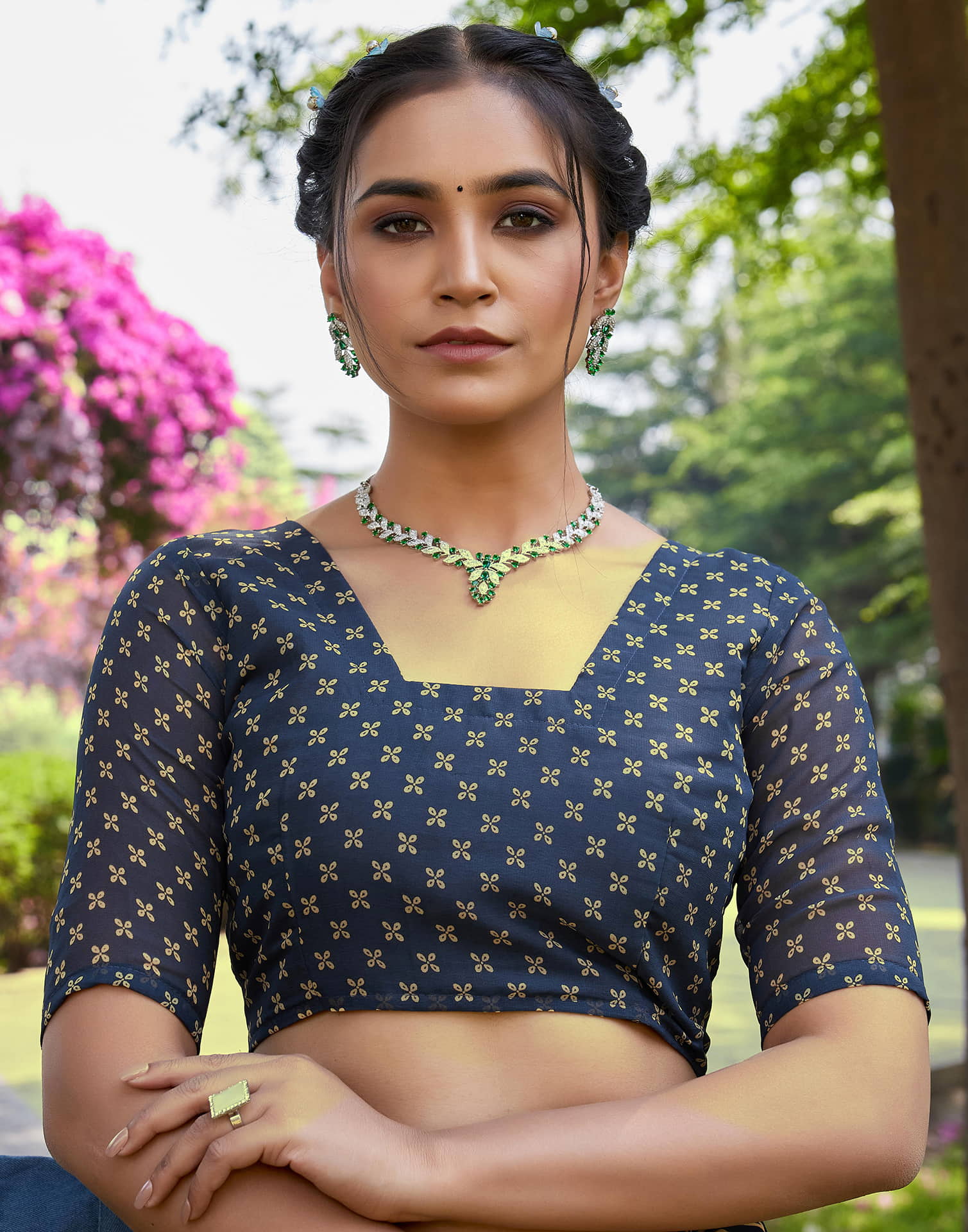 Dusty Navy Blue Georgette Printed Saree - Image 10