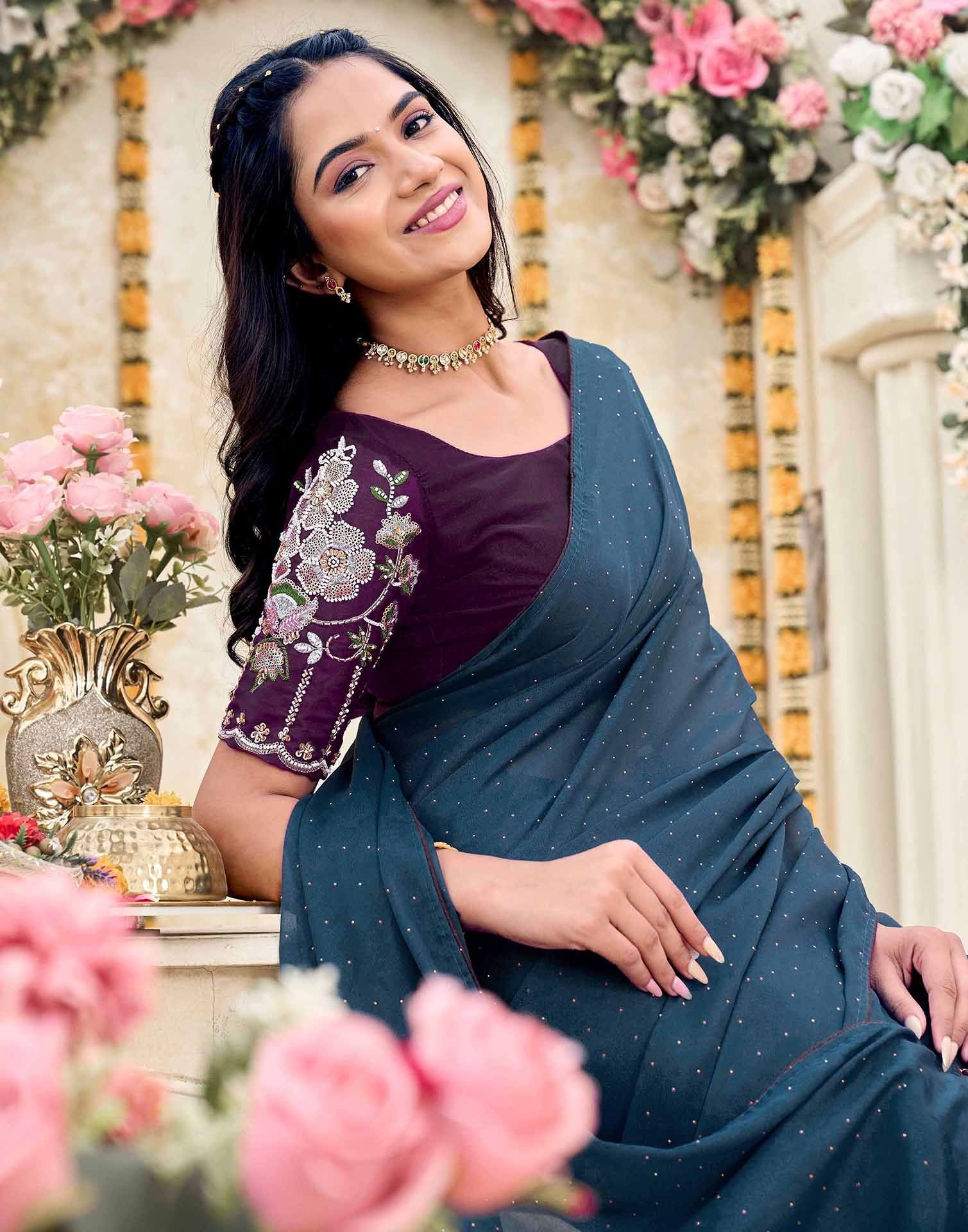 Dusty Navy Blue Georgette Stone Work Swarovski  Saree - Image 2