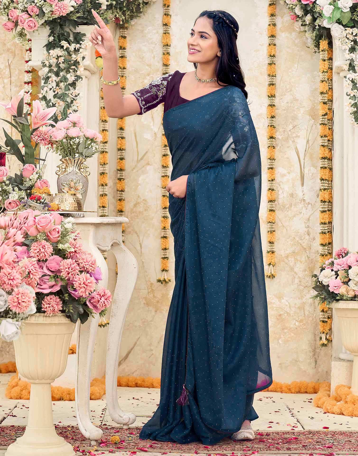 Dusty Navy Blue Georgette Stone Work Swarovski  Saree - Image 4
