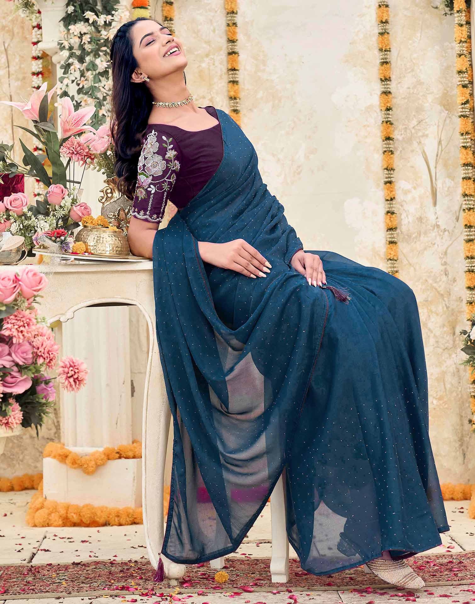 Dusty Navy Blue Georgette Stone Work Swarovski  Saree - Image 5