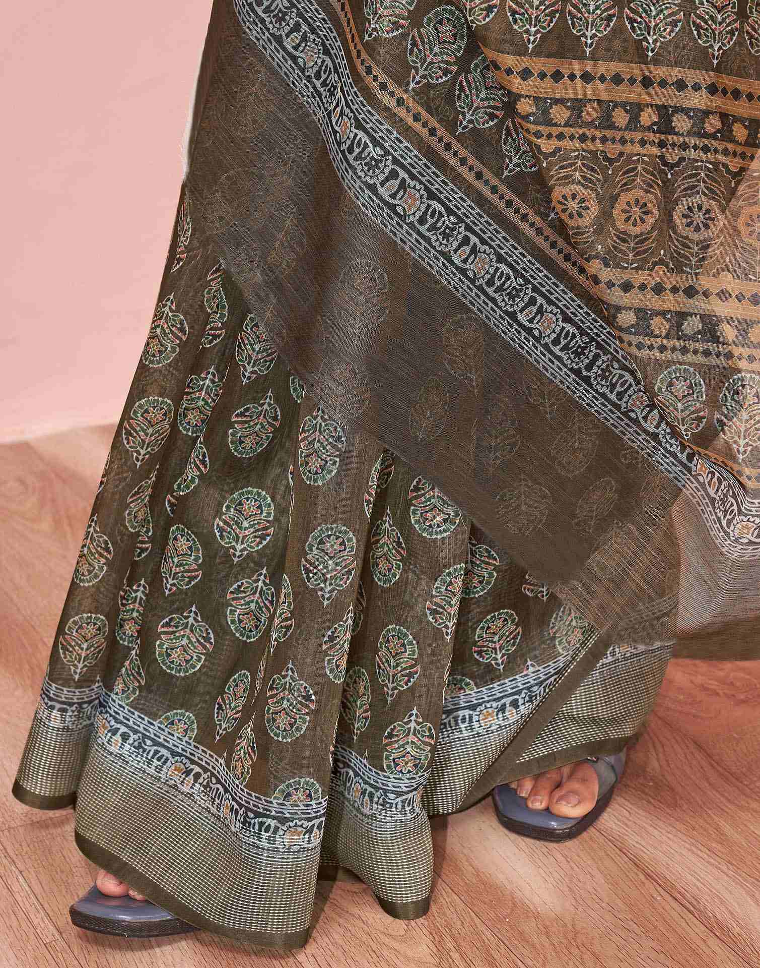 Dusty Olive Green Linen Printed Saree - Image 11