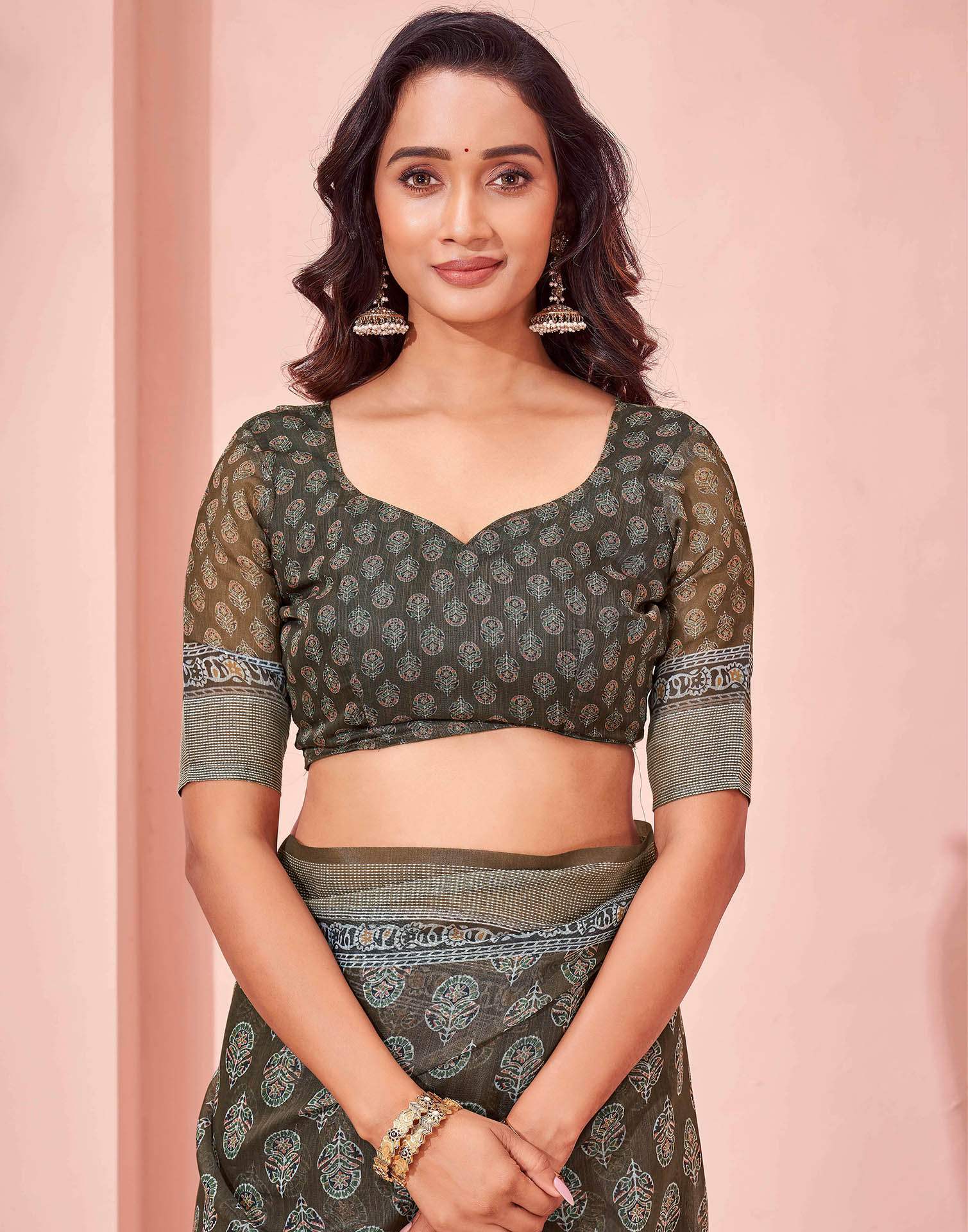 Dusty Olive Green Linen Printed Saree - Image 12
