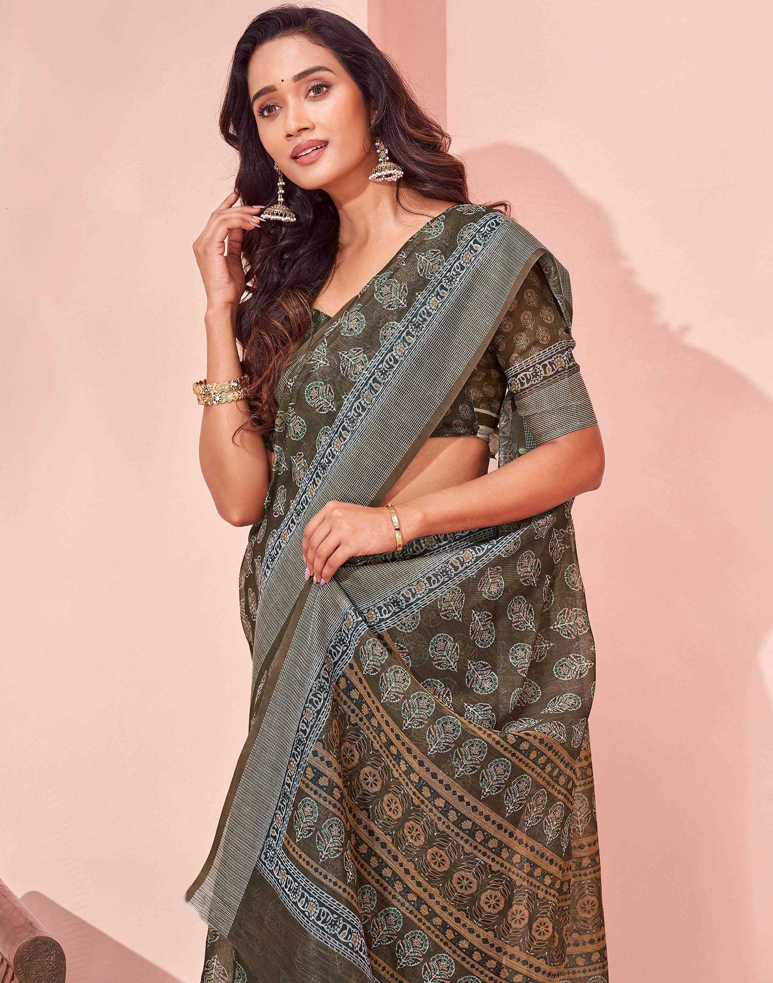 Dusty Olive Green Linen Printed Saree - Image 2