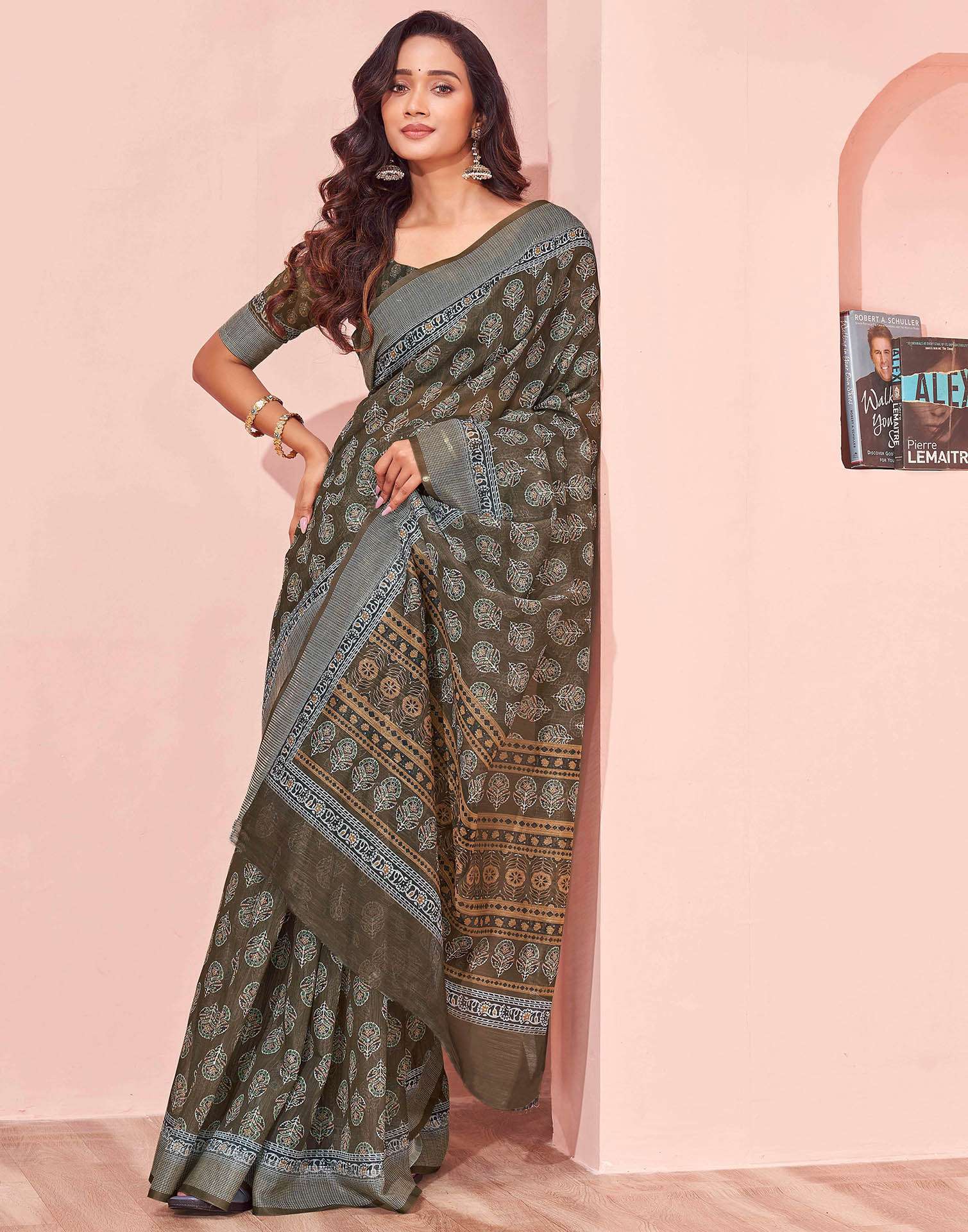Dusty Olive Green Linen Printed Saree - Image 6