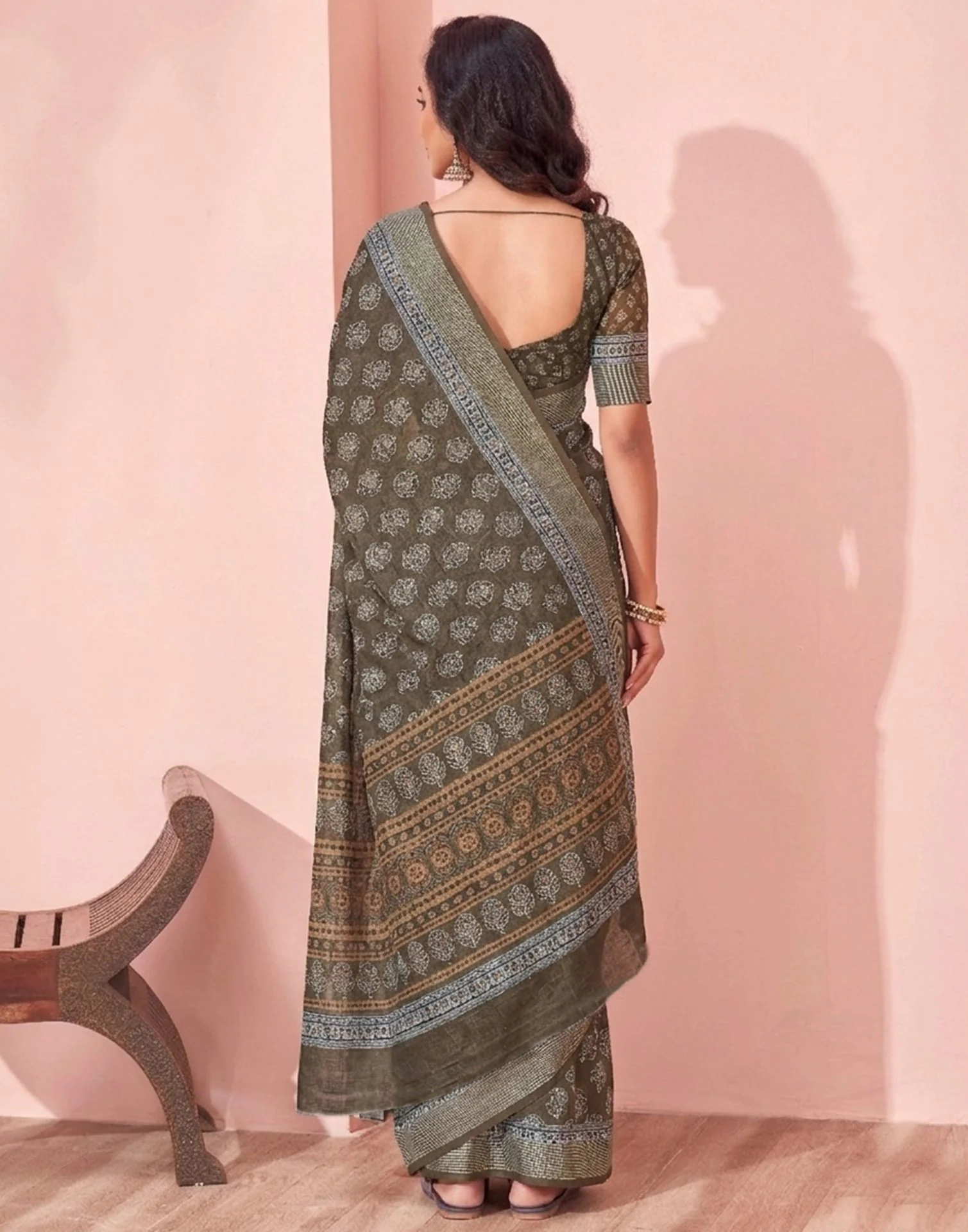 Dusty Olive Green Linen Printed Saree - Image 7