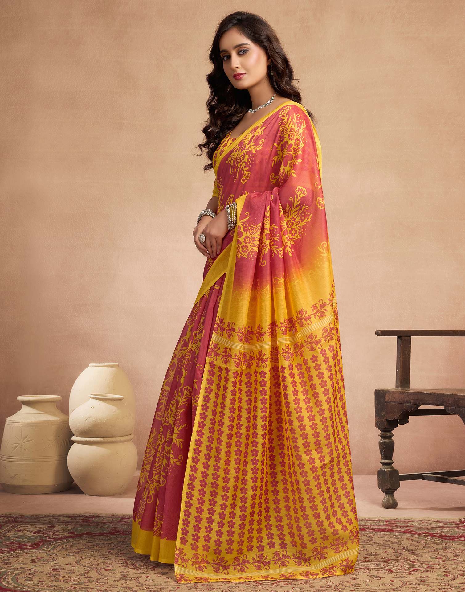Dusty Orange Chanderi Cotton Floral Printed Saree - Image 3