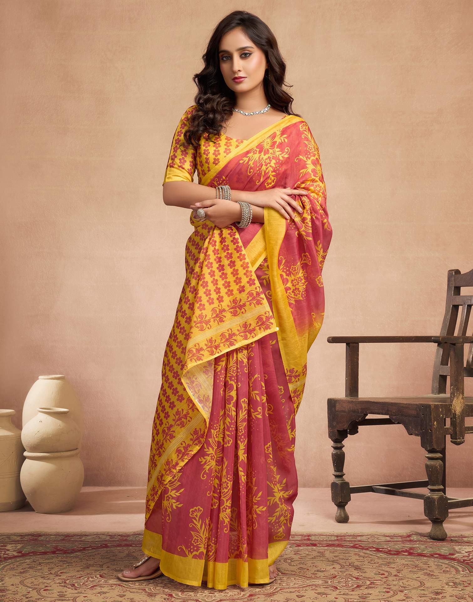 Dusty Orange Chanderi Cotton Floral Printed Saree - Image 4