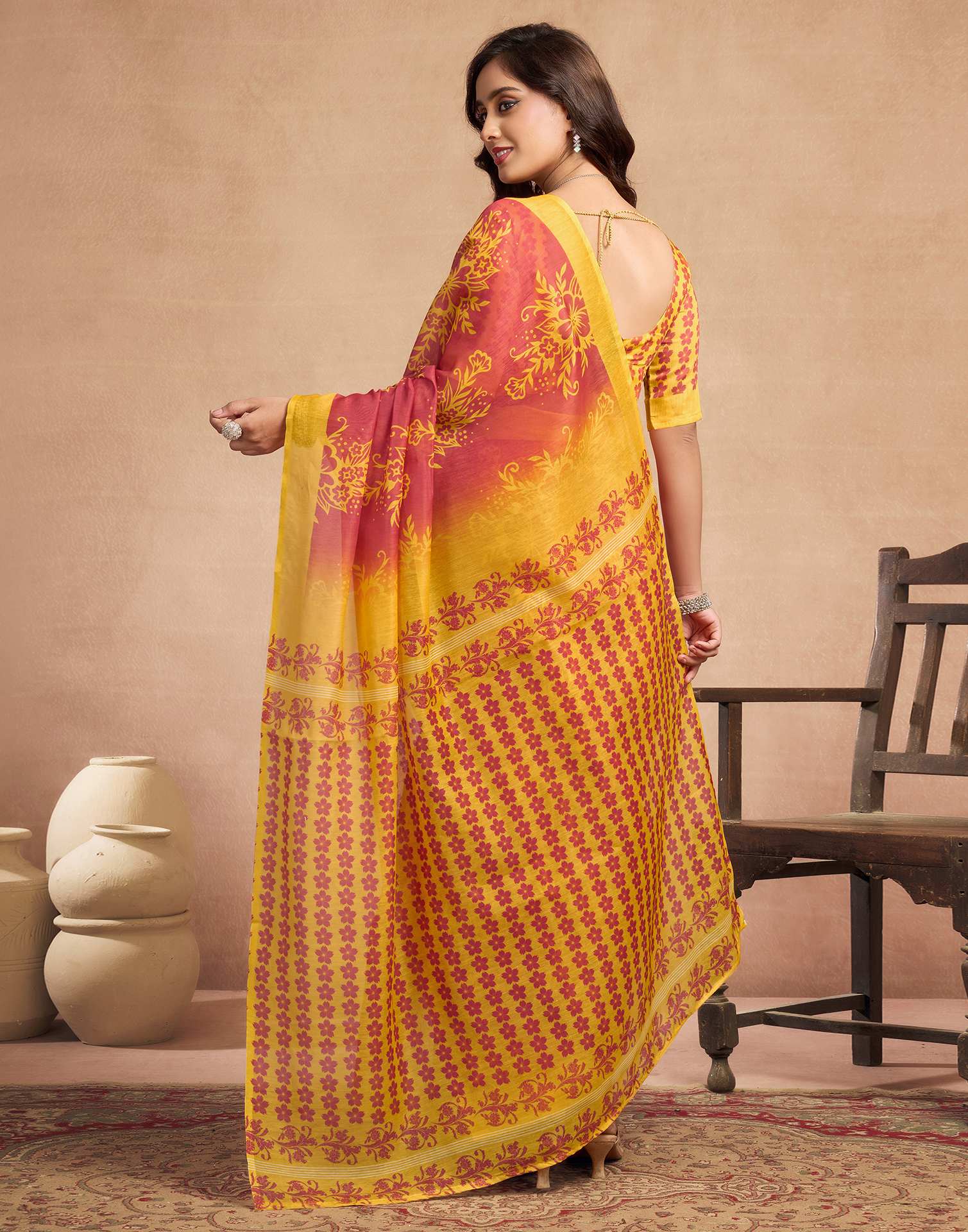 Dusty Orange Chanderi Cotton Floral Printed Saree - Image 5