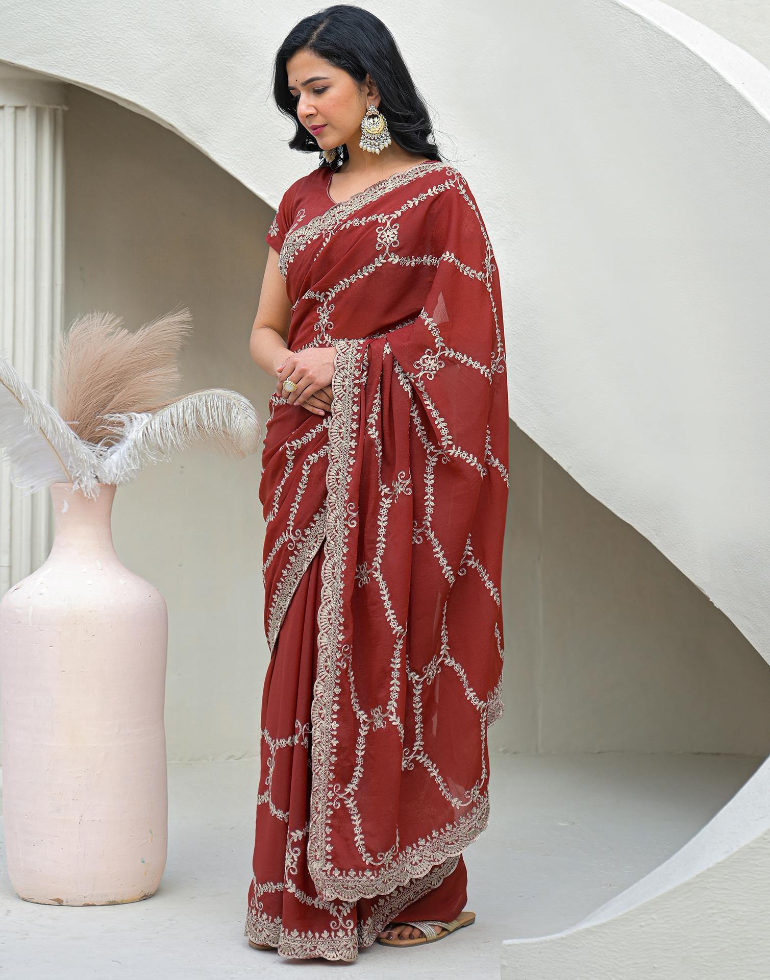 Dusty Orange Shimmer Embroidery Saree - Image 4