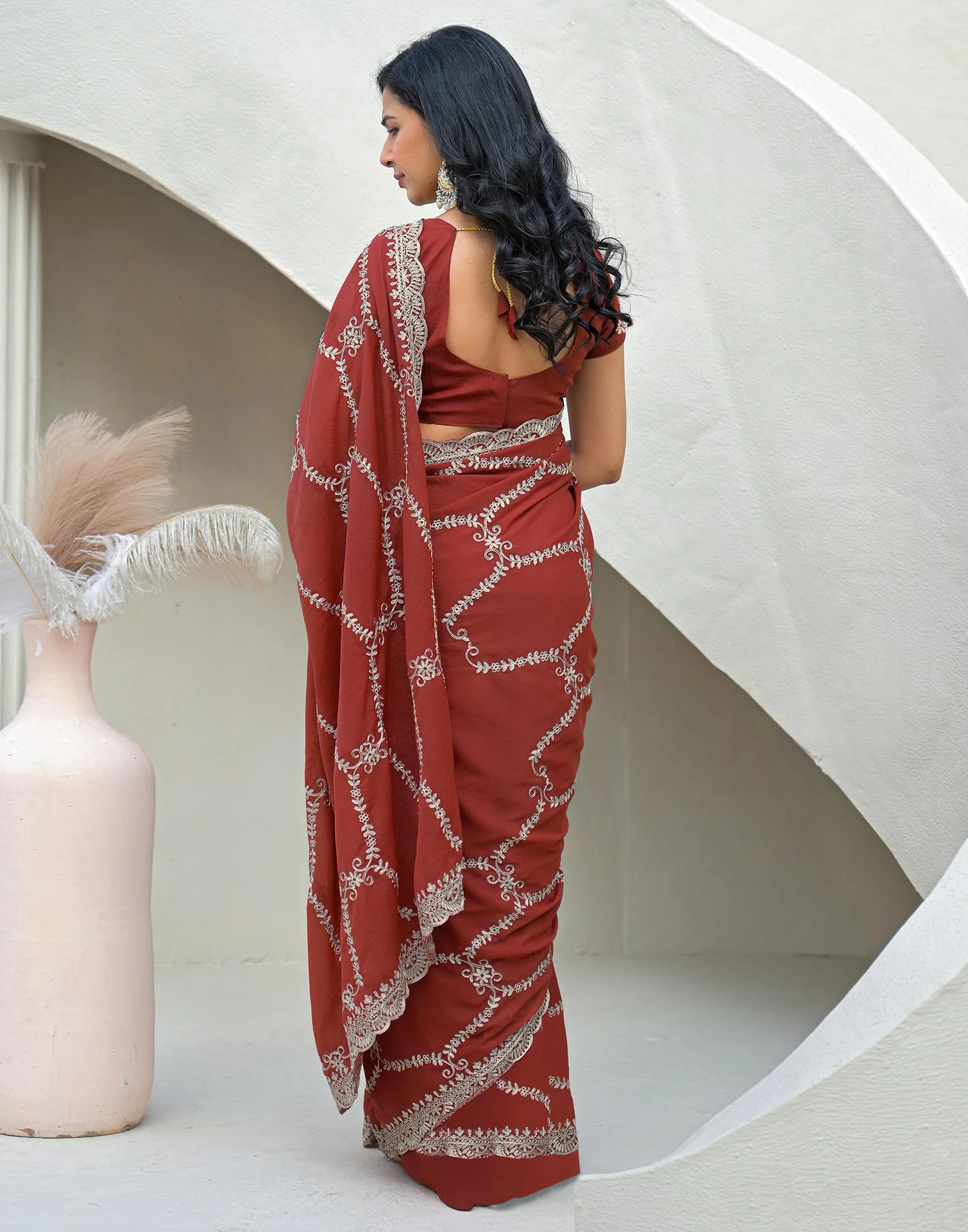 Dusty Orange Shimmer Embroidery Saree - Image 6