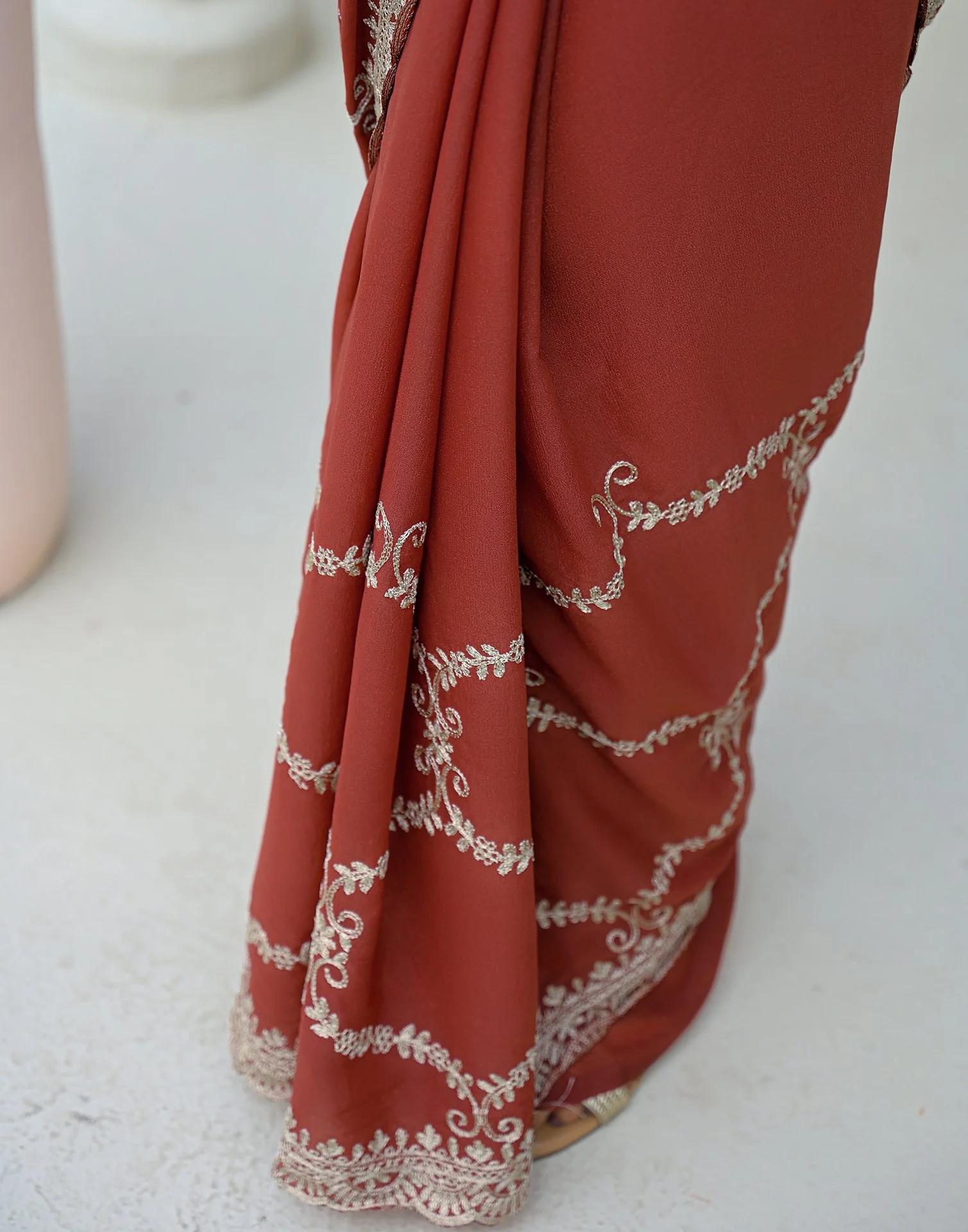 Dusty Orange Shimmer Embroidery Saree - Image 8