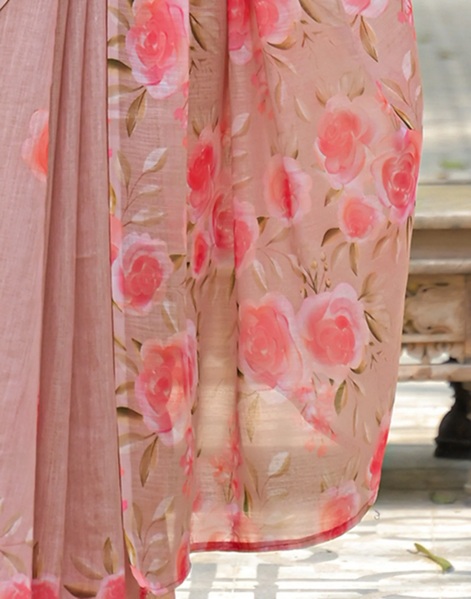 Dusty Peach Linen Floral Printed Saree - Image 11