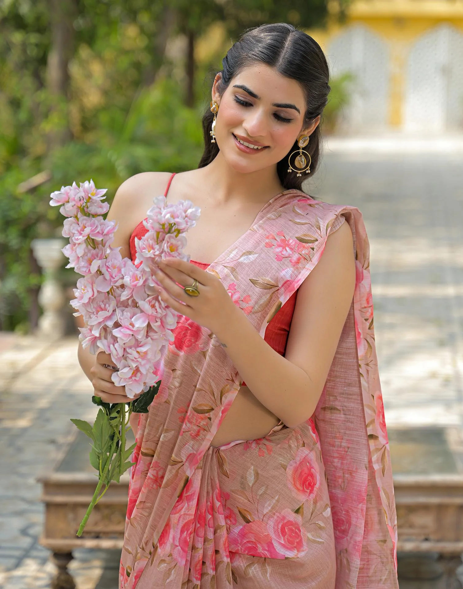 Dusty Peach Linen Floral Printed Saree - Image 4