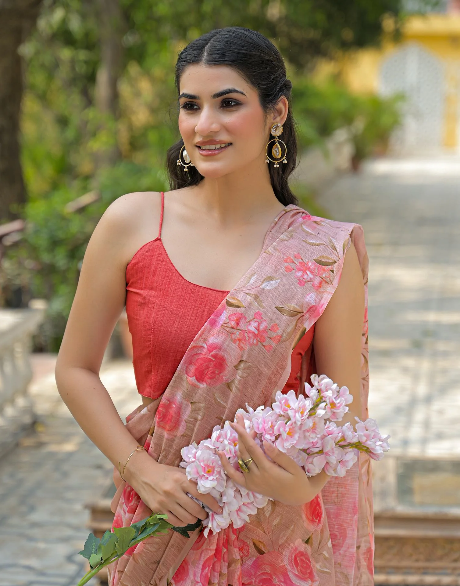 Dusty Peach Linen Floral Printed Saree - Image 5